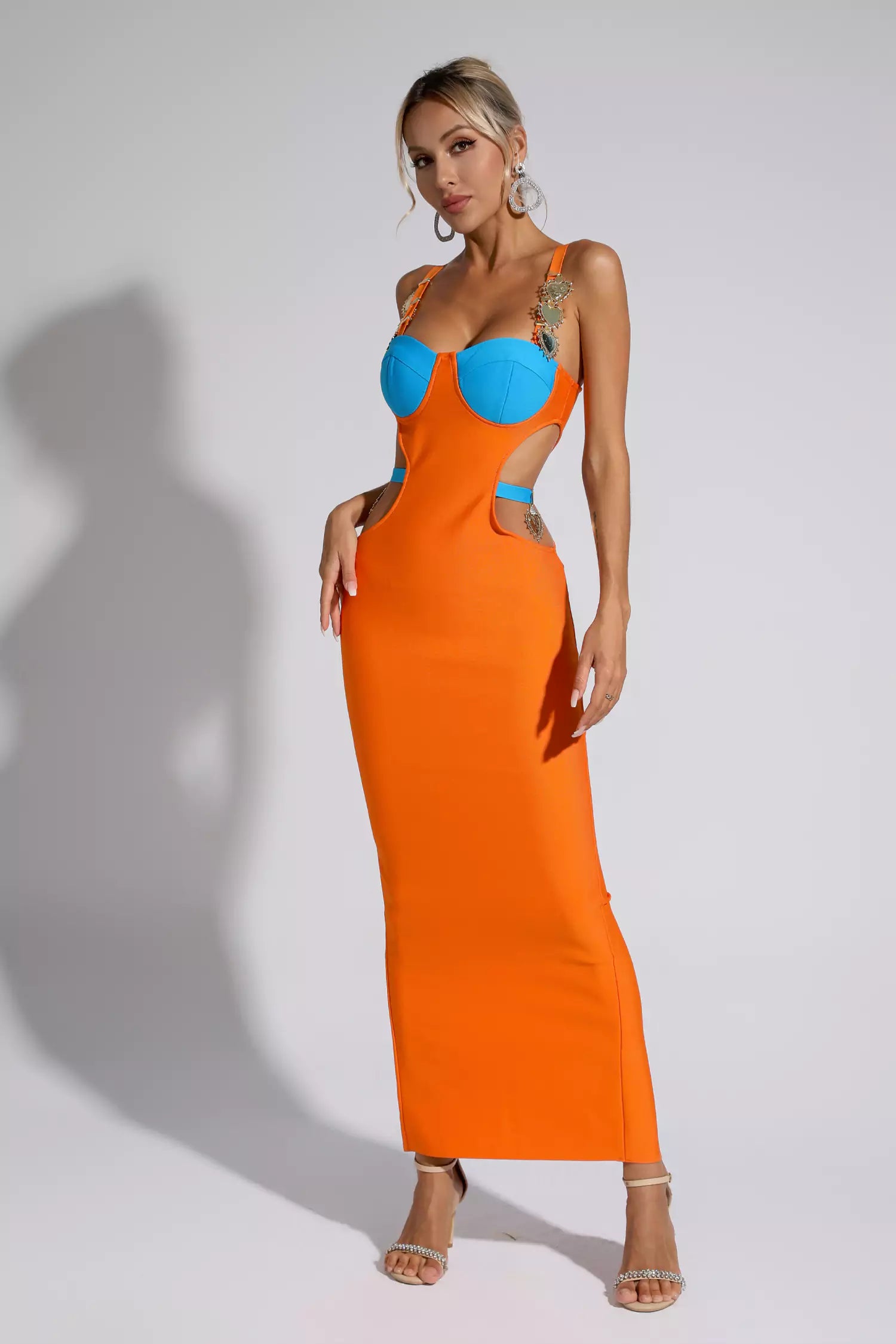 Destiny Orange Bandage Metallic Maxi Dress-CATCHALL