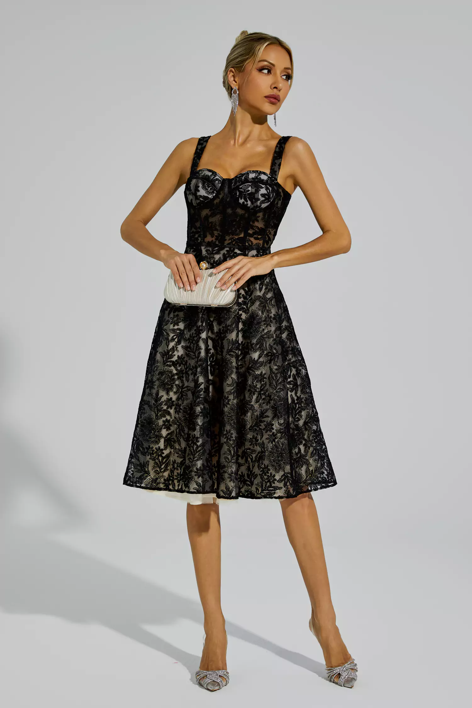 Dillon Black Lace Embroideries Midi Dress-CATCHALL