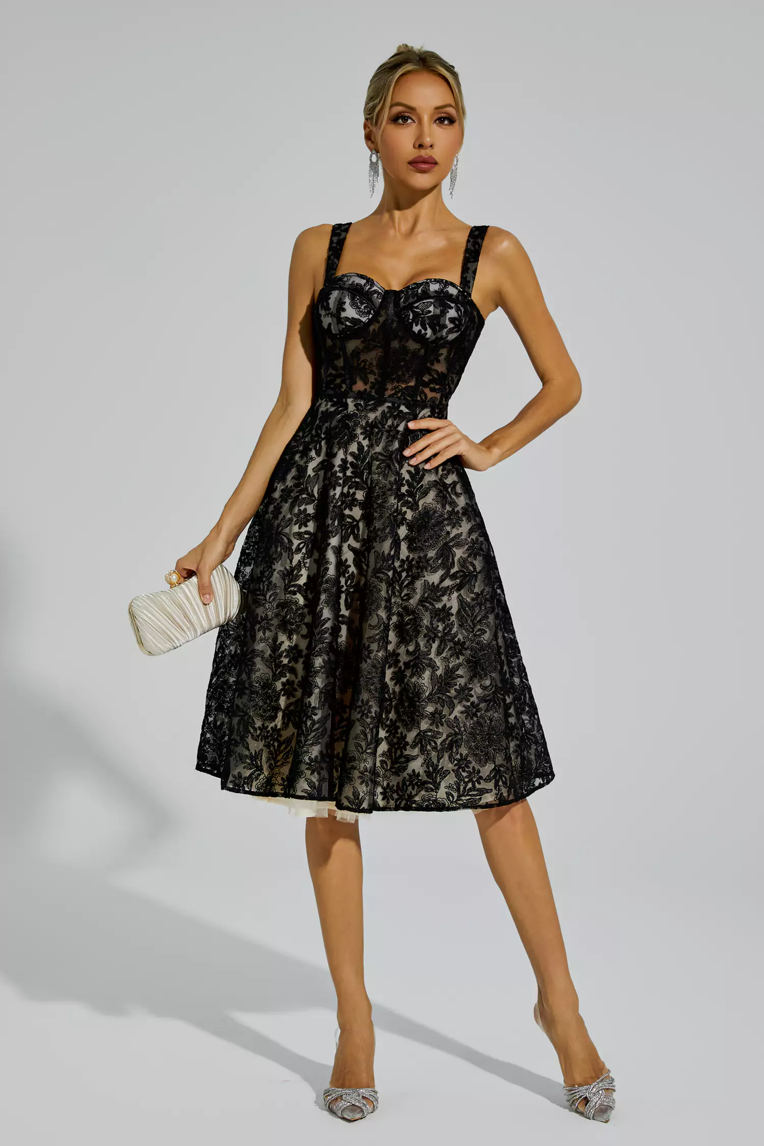 Dillon Black Lace Embroideries Midi Dress-CATCHALL