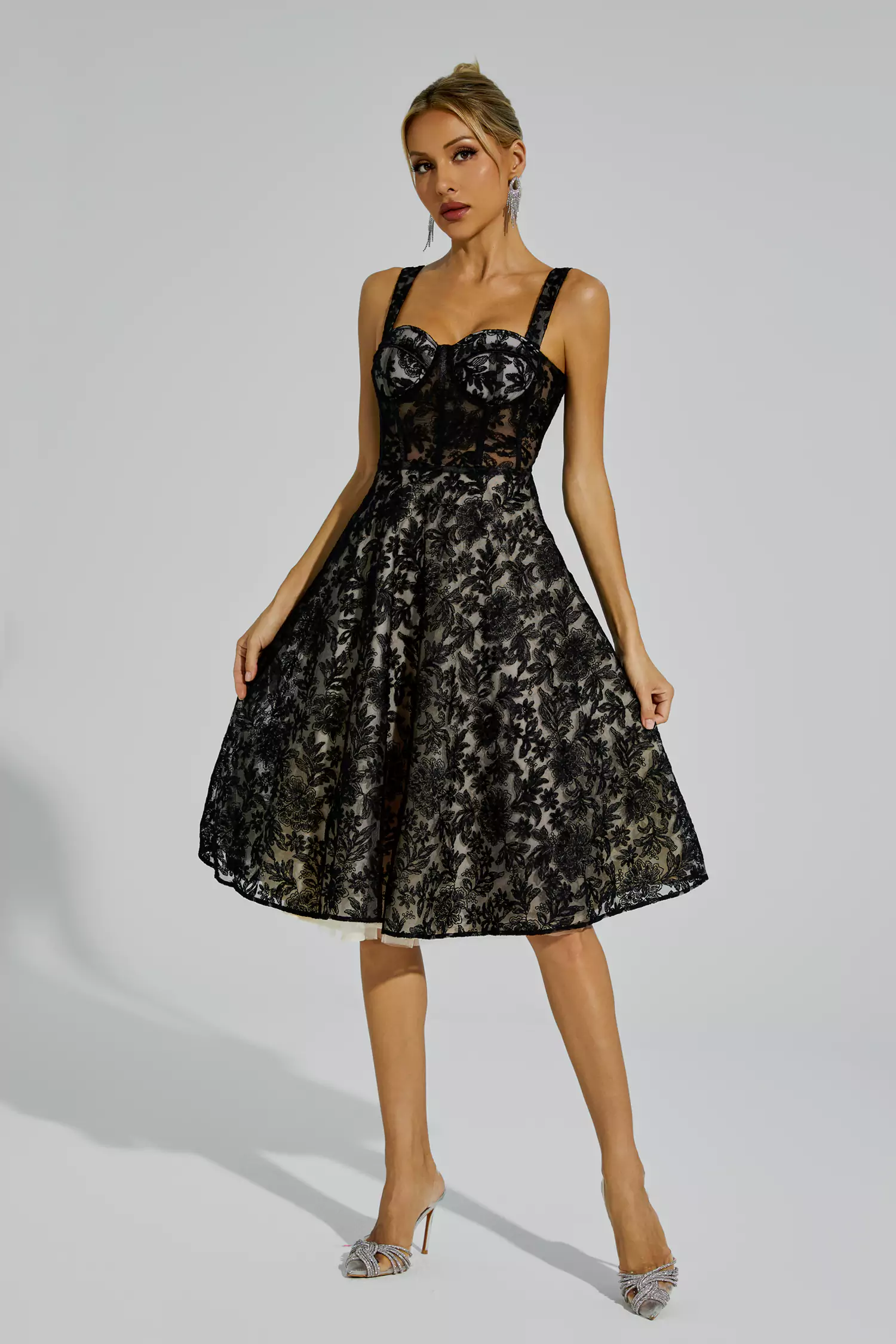 Dillon Black Lace Embroideries Midi Dress-CATCHALL