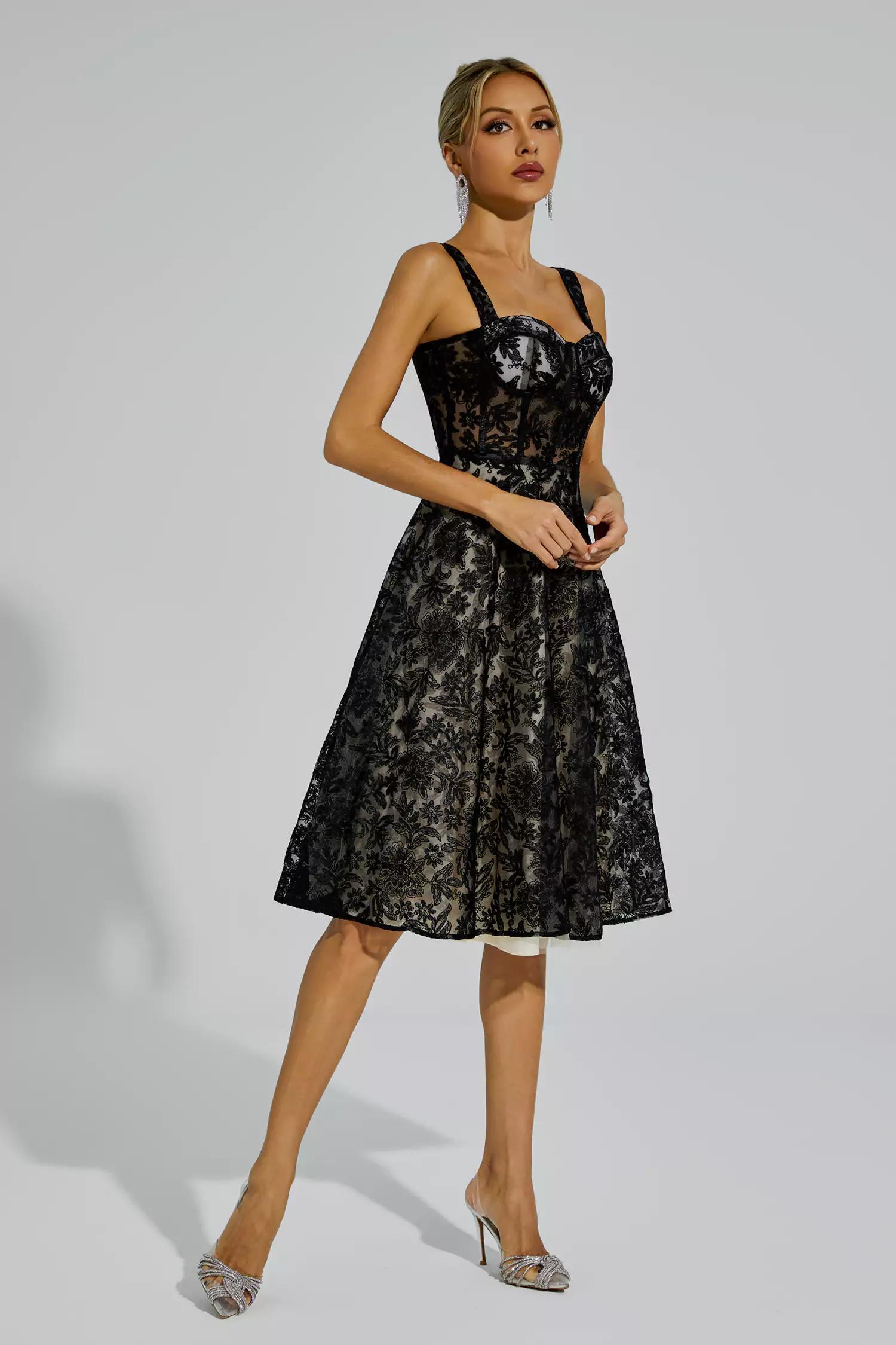 Dillon Black Lace Embroideries Midi Dress-CATCHALL