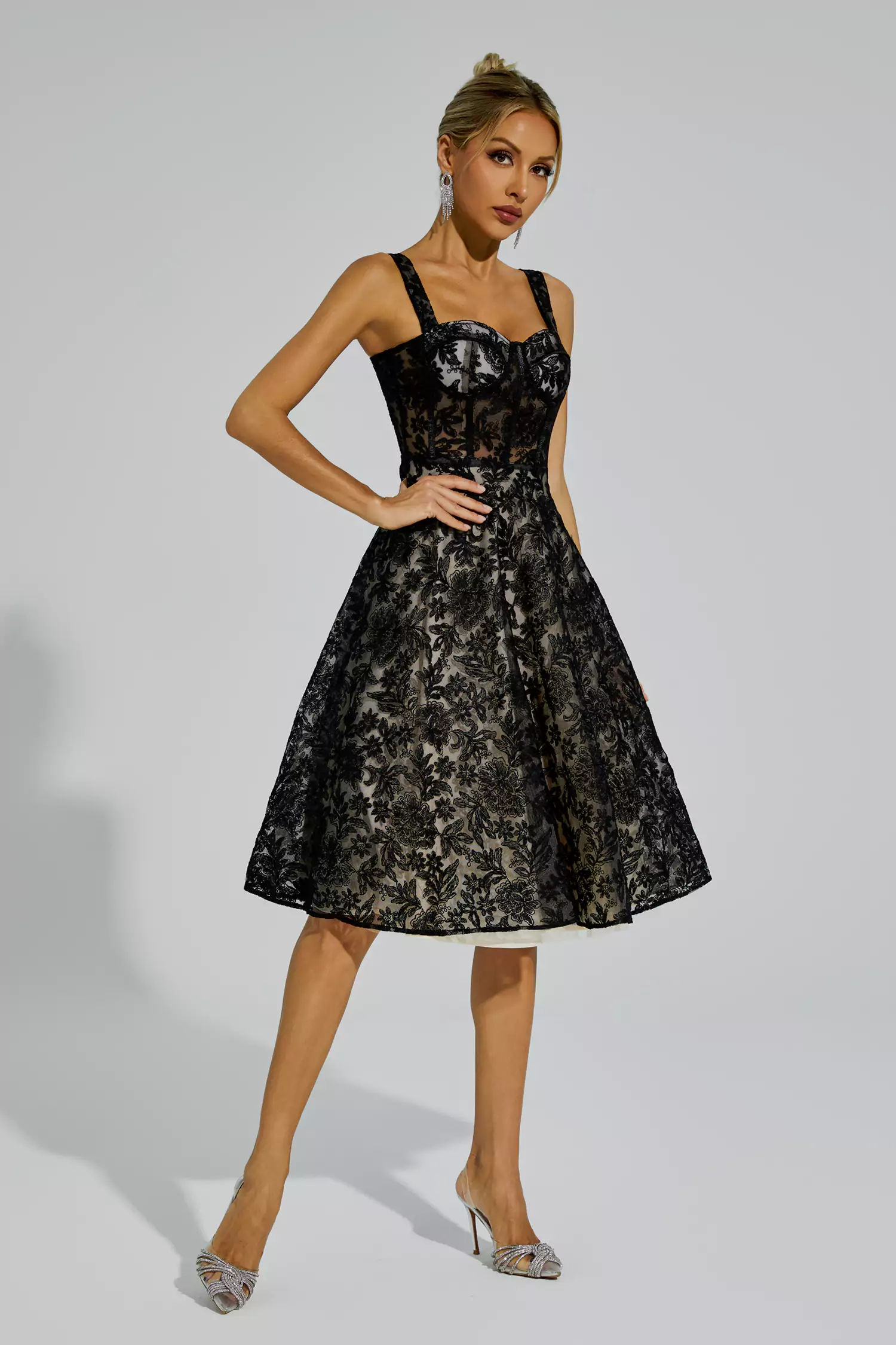 Dillon Black Lace Embroideries Midi Dress-CATCHALL