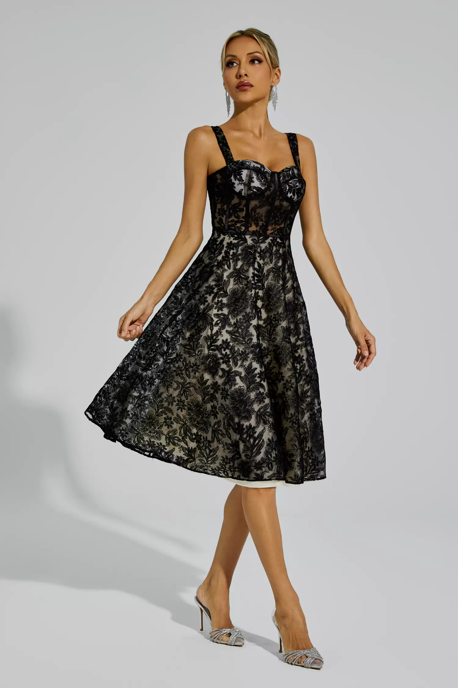 Dillon Black Lace Embroideries Midi Dress-CATCHALL