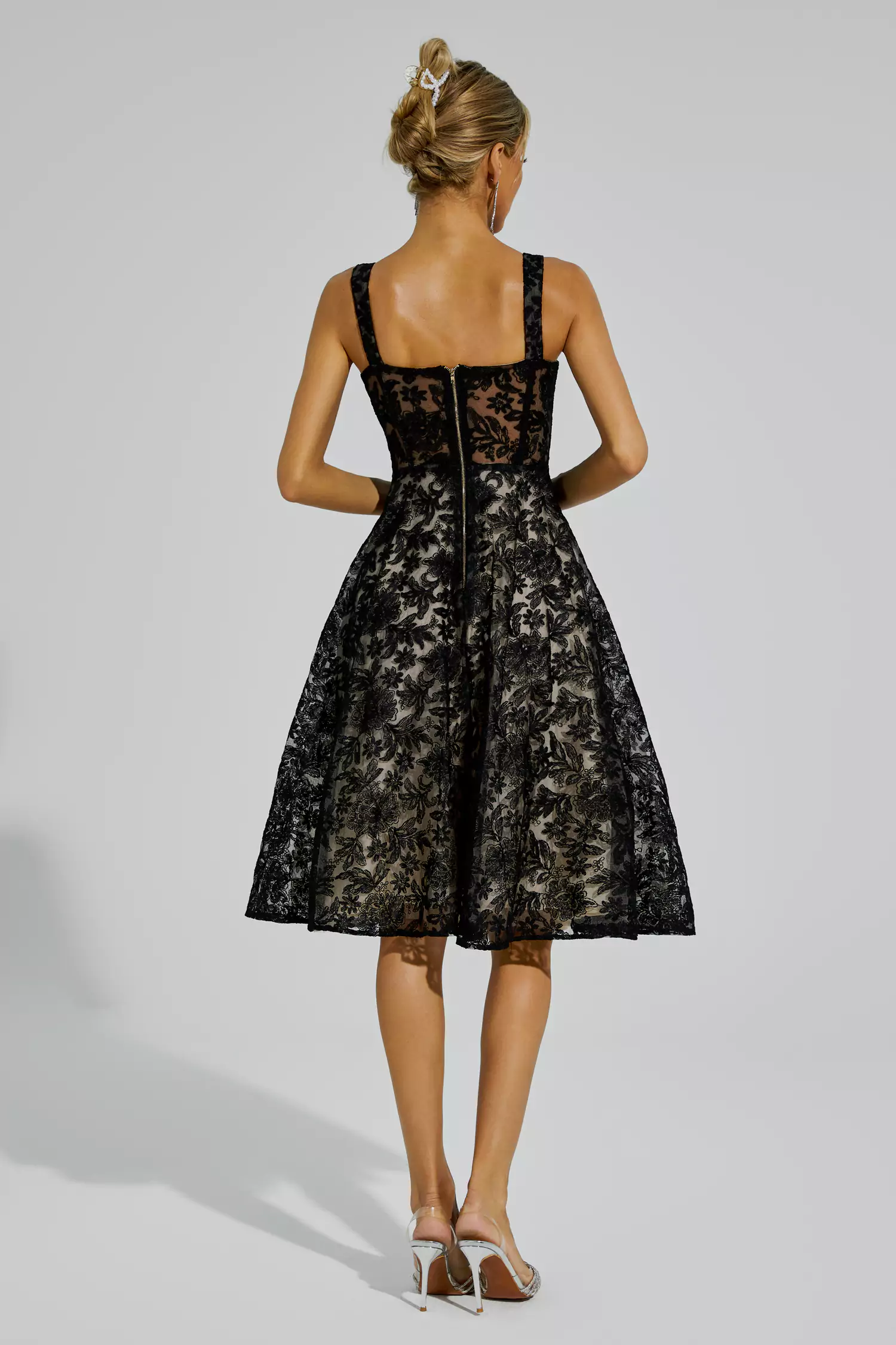 Dillon Black Lace Embroideries Midi Dress-CATCHALL