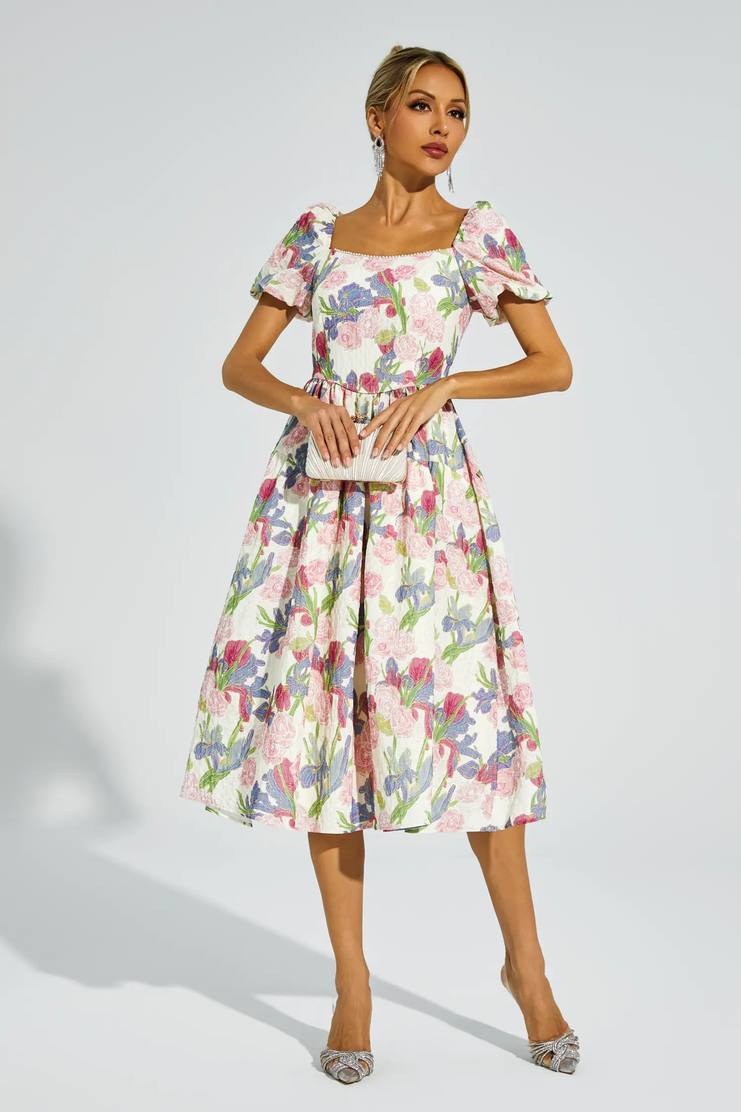 Dinah Pink Flower Puff Sleeves Midi Dress-CATCHALL