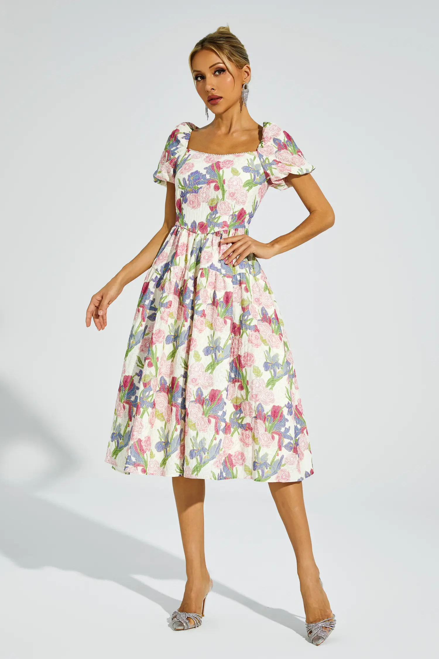 Dinah Pink Flower Puff Sleeves Midi Dress-CATCHALL
