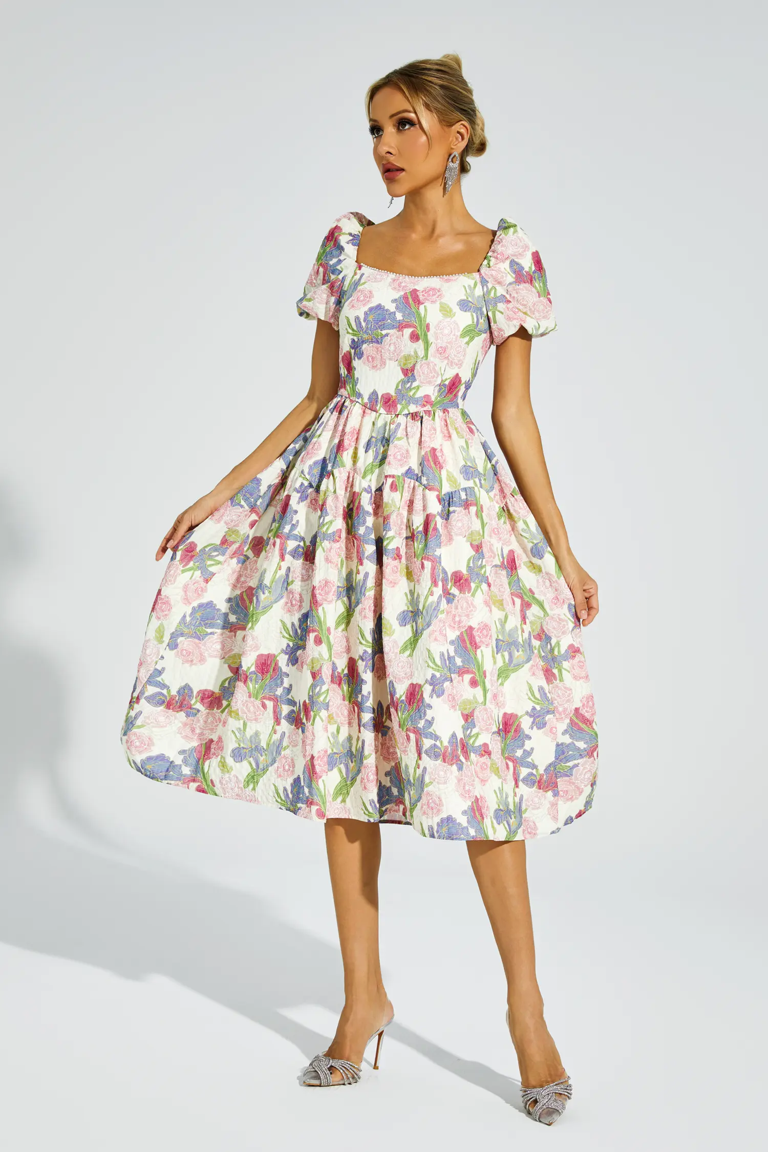 Dinah Pink Flower Puff Sleeves Midi Dress-CATCHALL