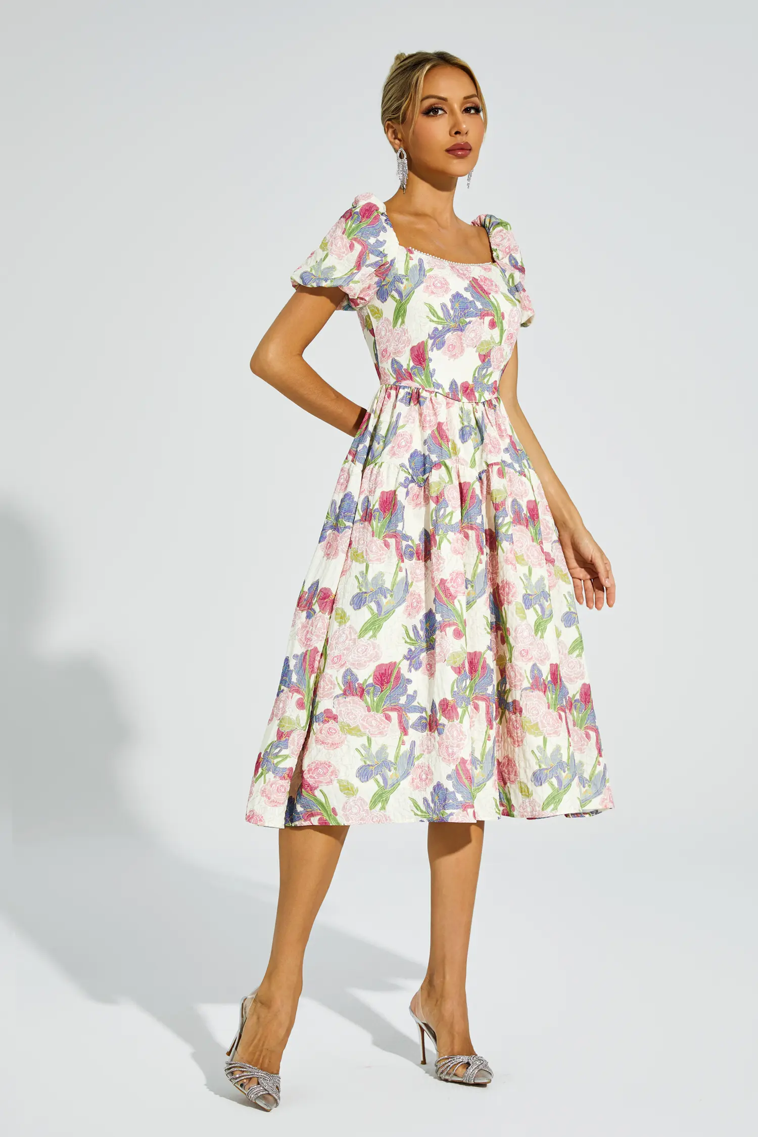 Dinah Pink Flower Puff Sleeves Midi Dress-CATCHALL