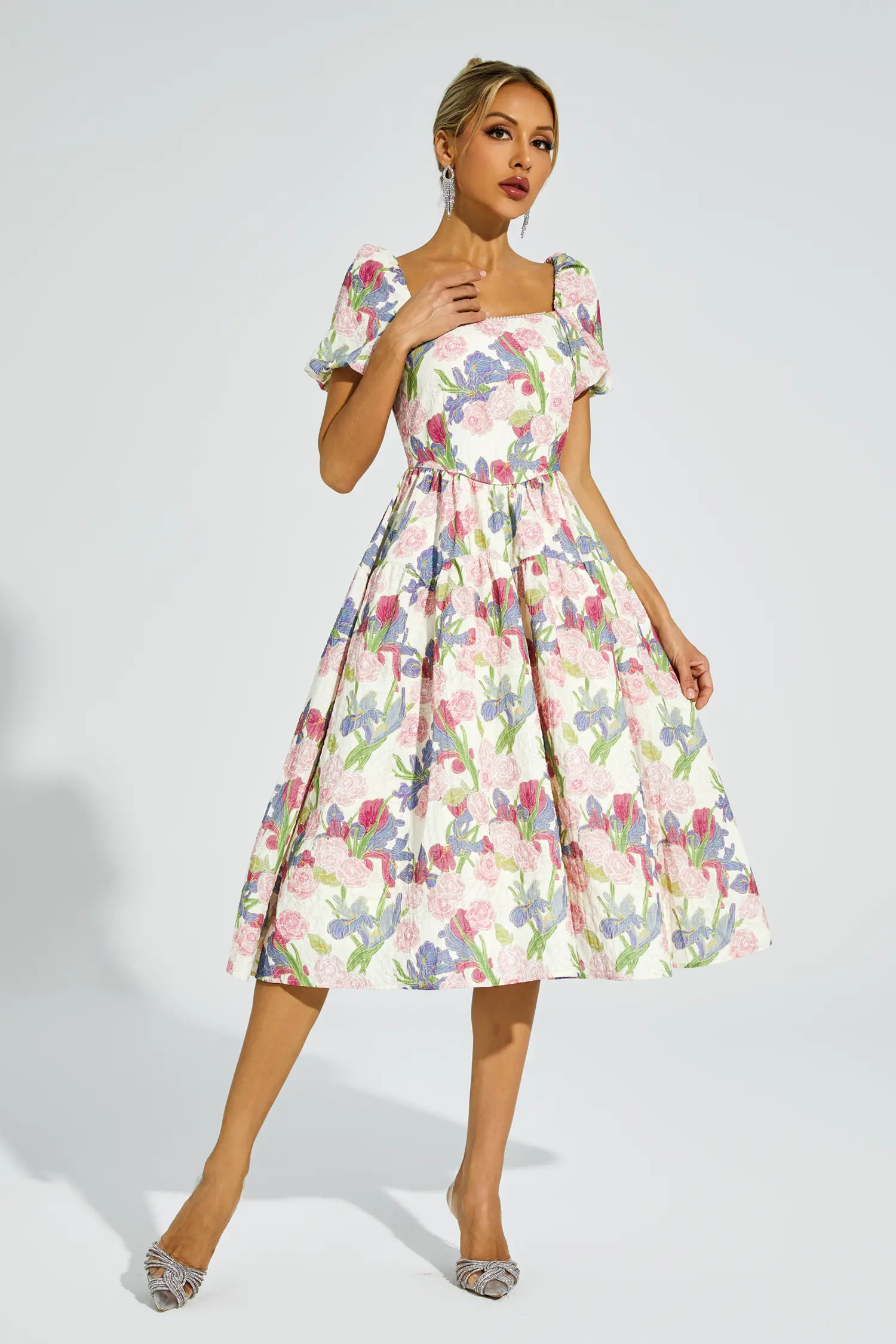 Dinah Pink Flower Puff Sleeves Midi Dress-CATCHALL