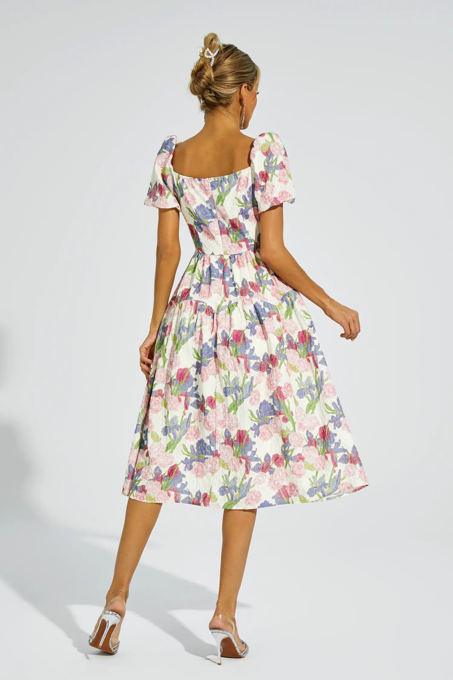 Dinah Pink Flower Puff Sleeves Midi Dress-CATCHALL