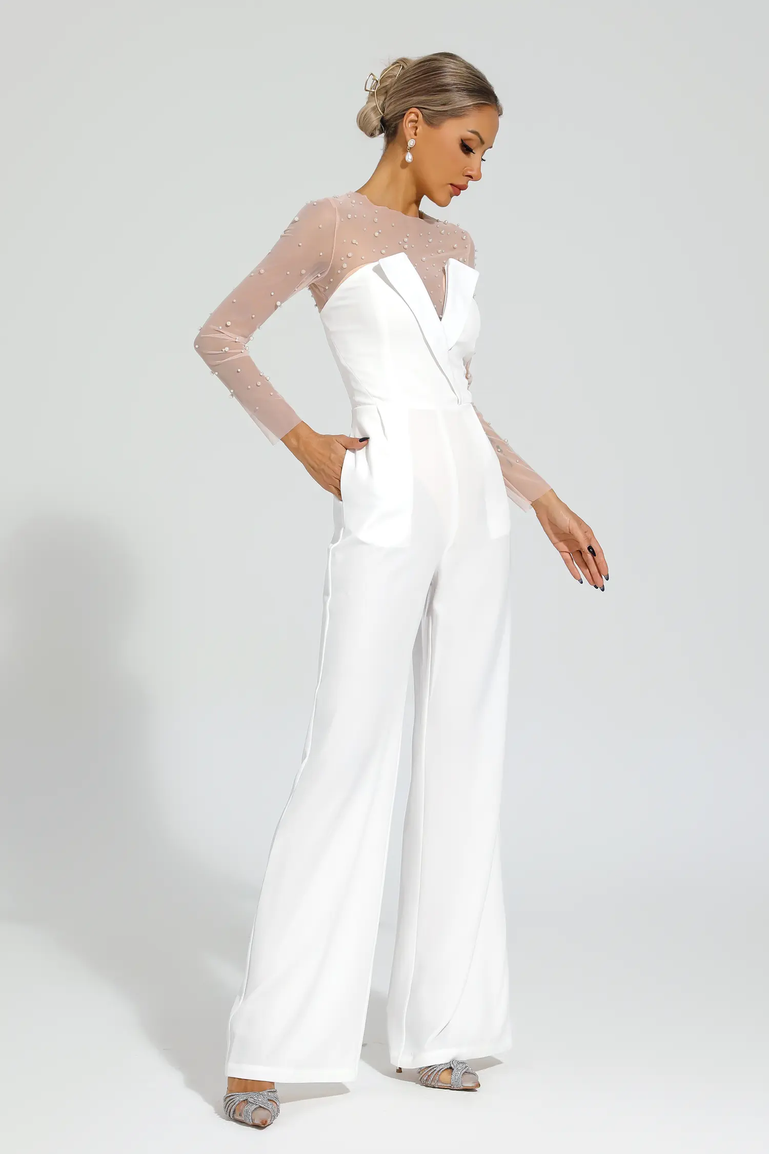 Dobbin White Mesh Bodice Jumpsuit-CATCHALL