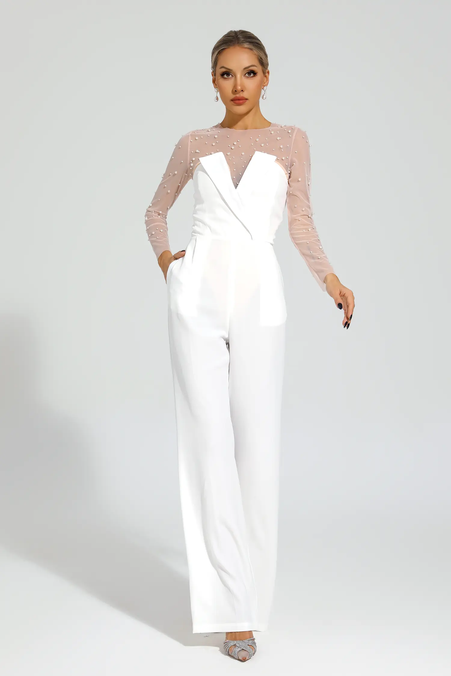 Dobbin White Mesh Bodice Jumpsuit-CATCHALL