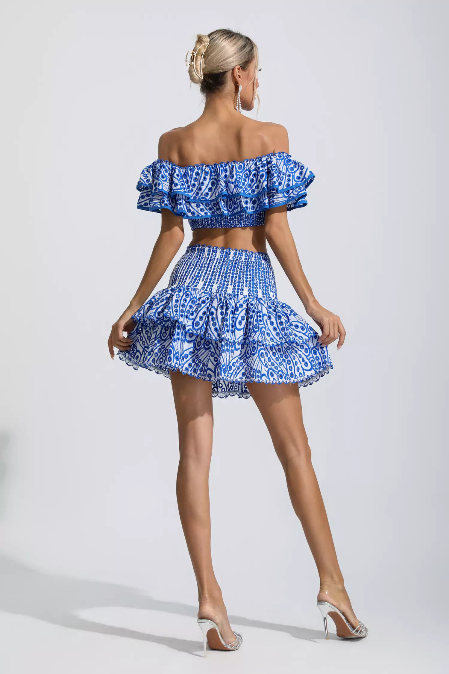 Dorothy Blue Floral Ruffle Off-Shoulder Set-CATCHALL