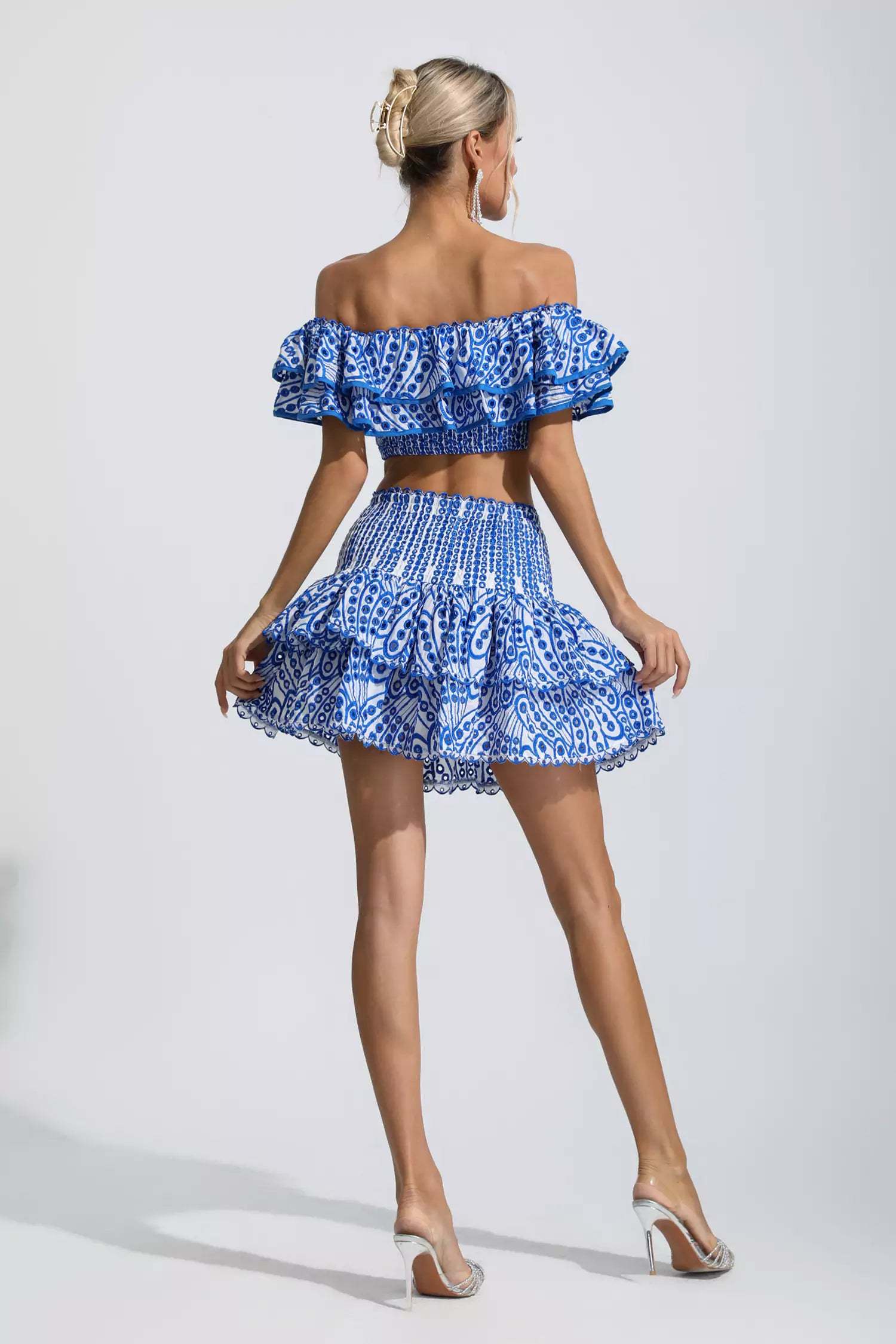 Dorothy Blue Floral Ruffle Off-Shoulder Set