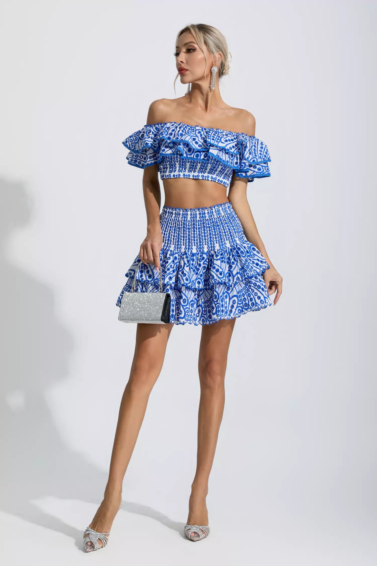 Dorothy Blue Floral Ruffle Off-Shoulder Set-CATCHALL
