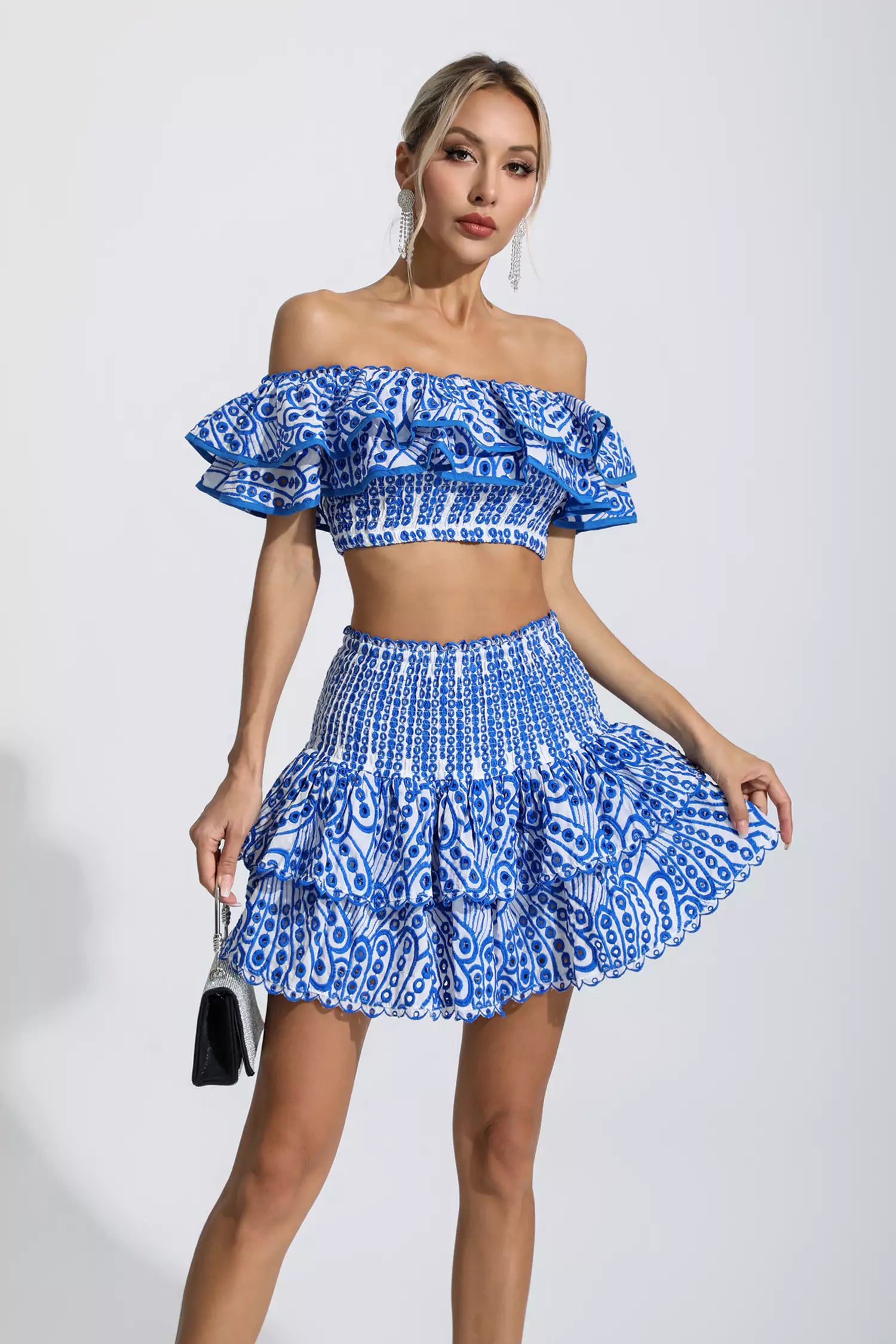 Dorothy Blue Floral Ruffle Off-Shoulder Set-CATCHALL