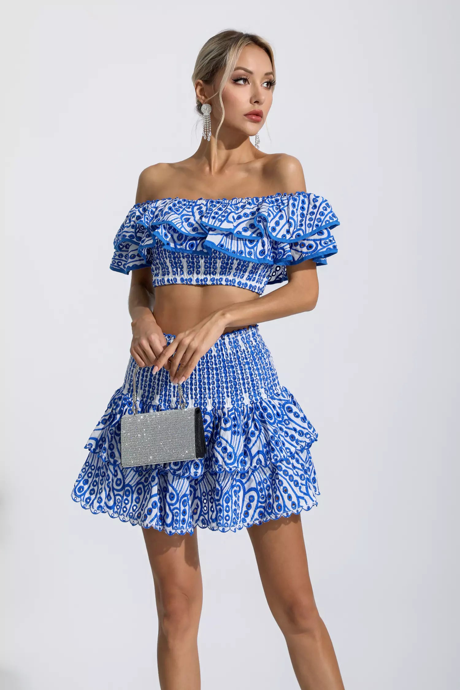 Dorothy Blue Floral Ruffle Off-Shoulder Set-CATCHALL