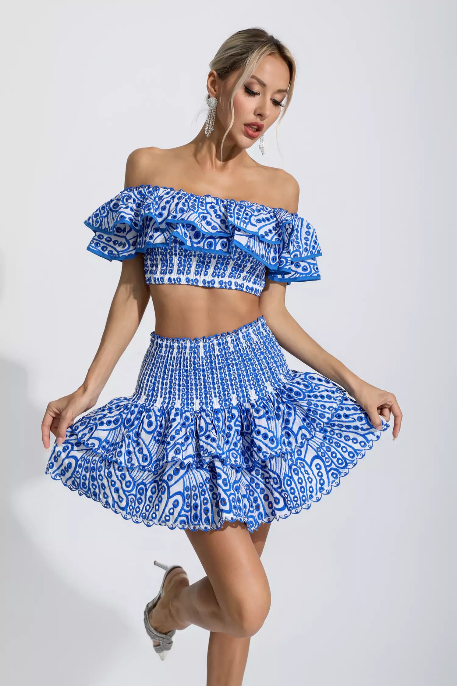 Dorothy Blue Floral Ruffle Off-Shoulder Set-CATCHALL