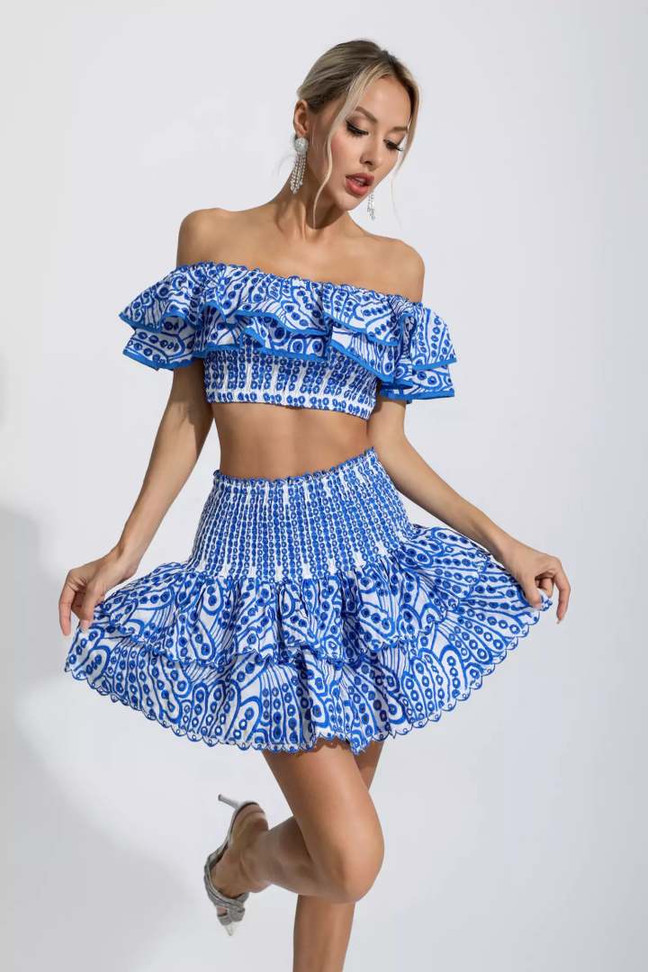 Dorothy Blue Floral Ruffle Off-Shoulder Set