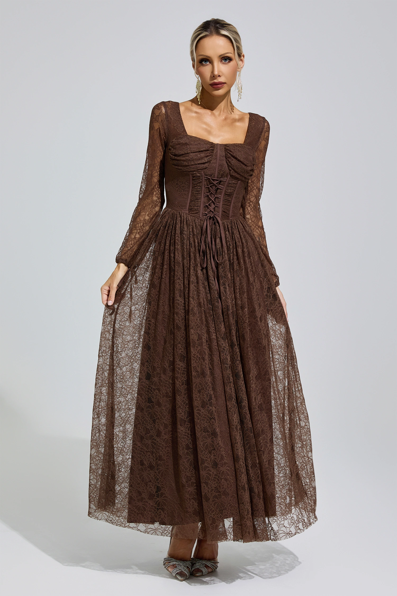 Duchamp Brown Corset Lace Up Maxi Dress