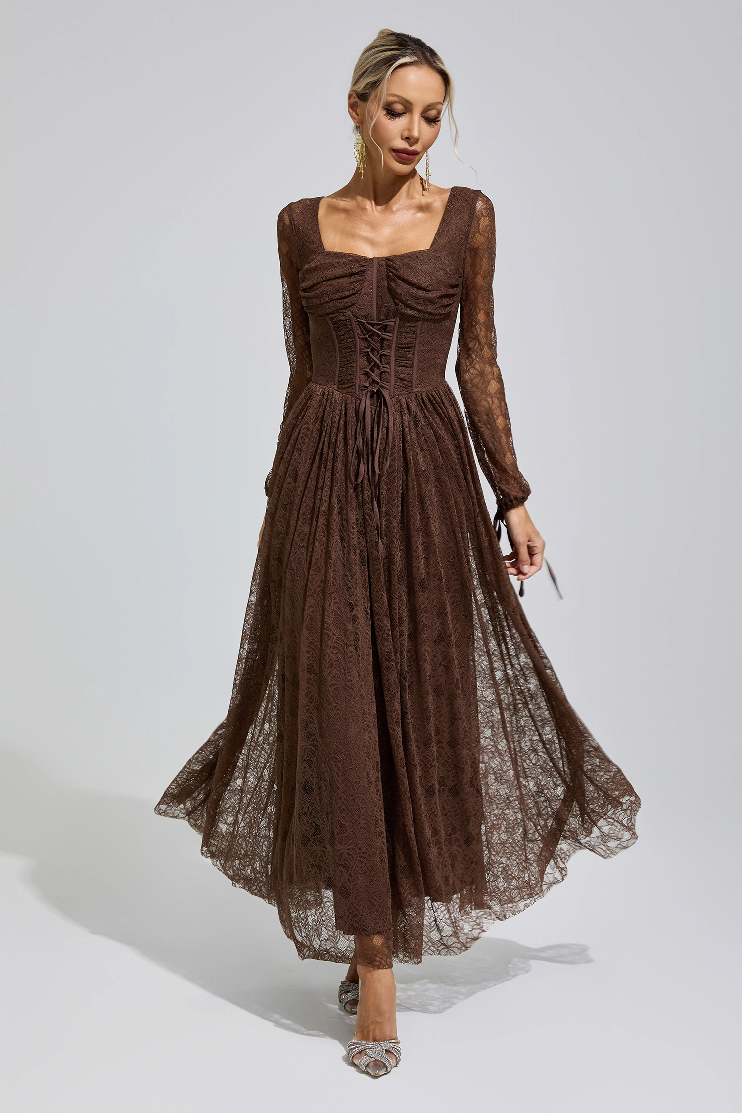 Duchamp Brown Corset Lace Up Maxi Dress