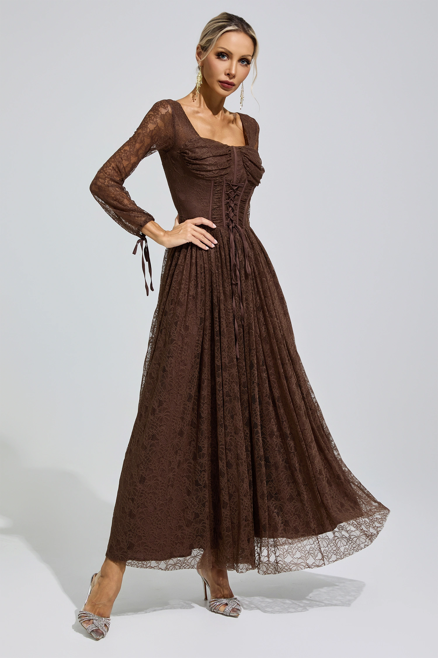 Duchamp Brown Corset Lace Up Maxi Dress