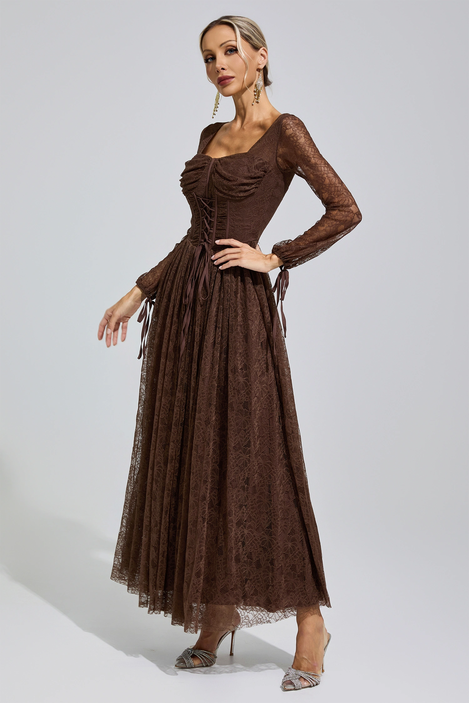 Duchamp Brown Corset Lace Up Maxi Dress
