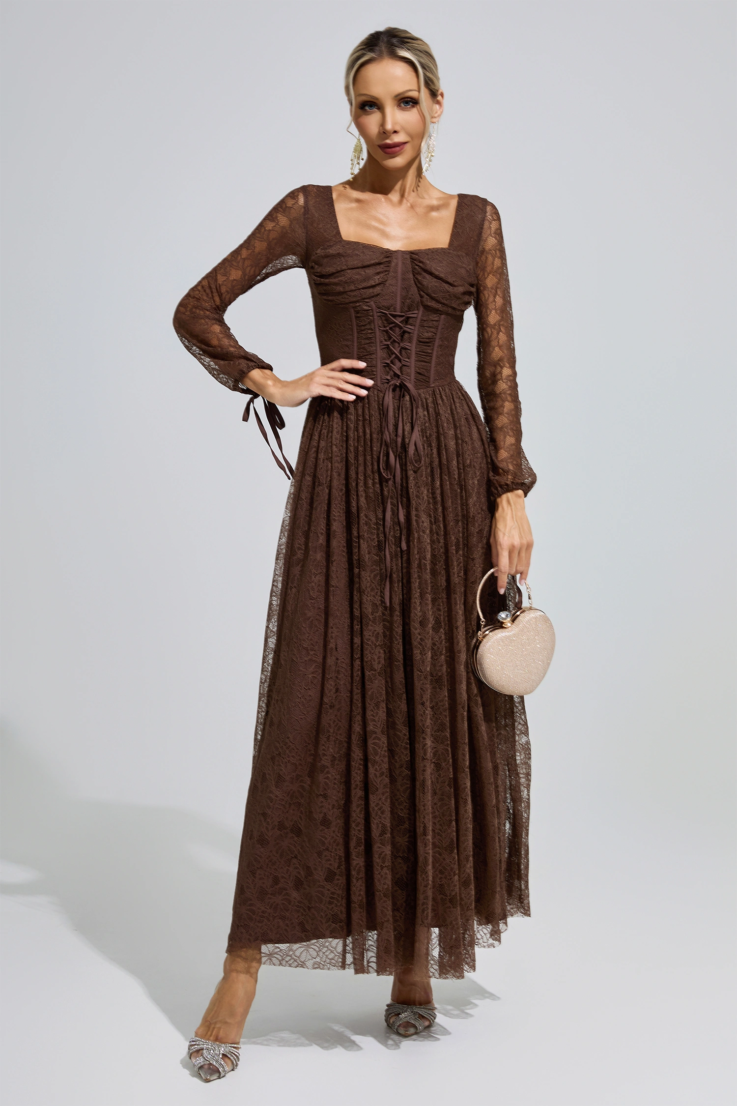 Duchamp Brown Corset Lace Up Maxi Dress