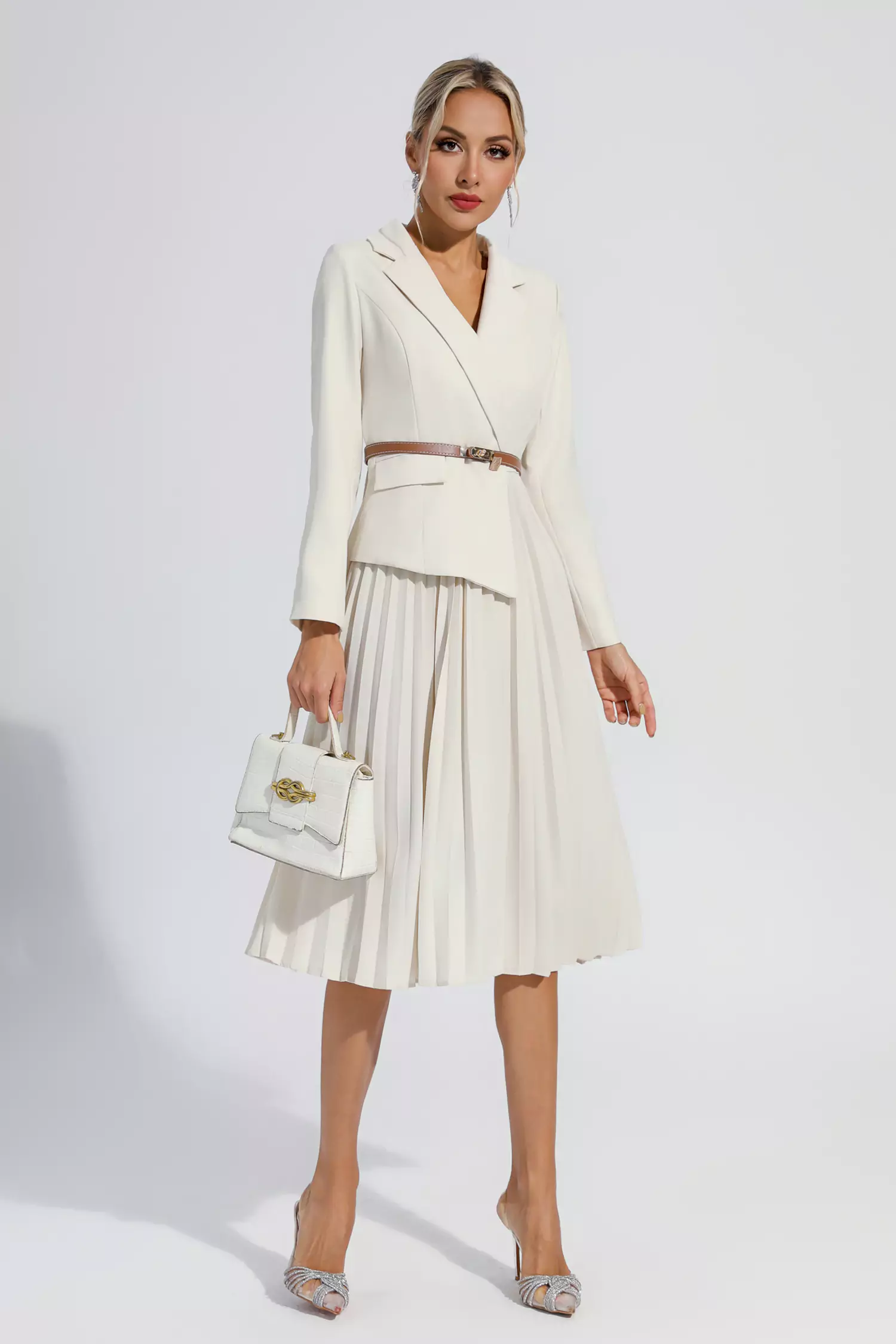 Dylan Beige Ruched Blazer Midi Dress-CATCHALL