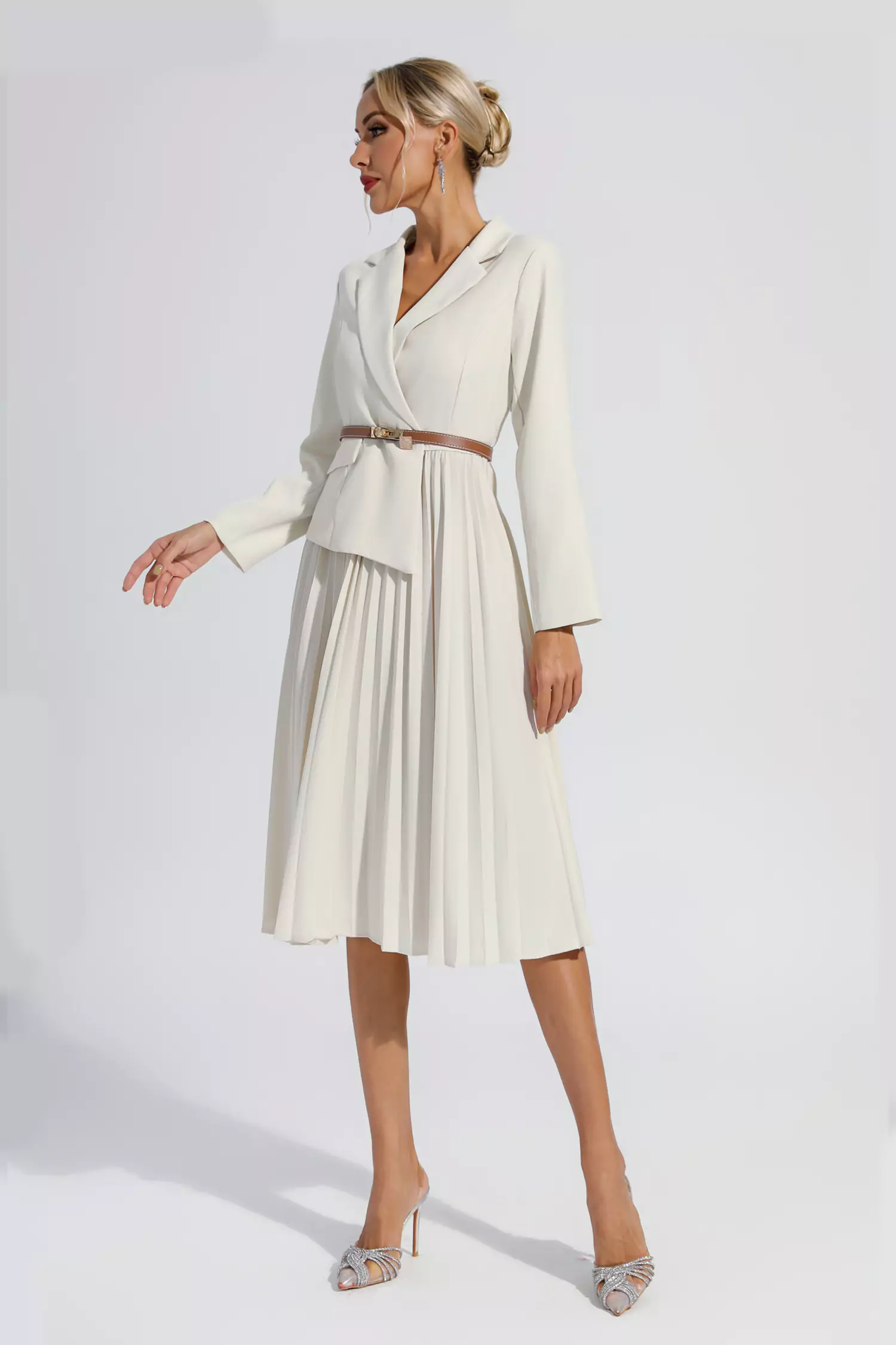 Dylan Beige Ruched Blazer Midi Dress-CATCHALL