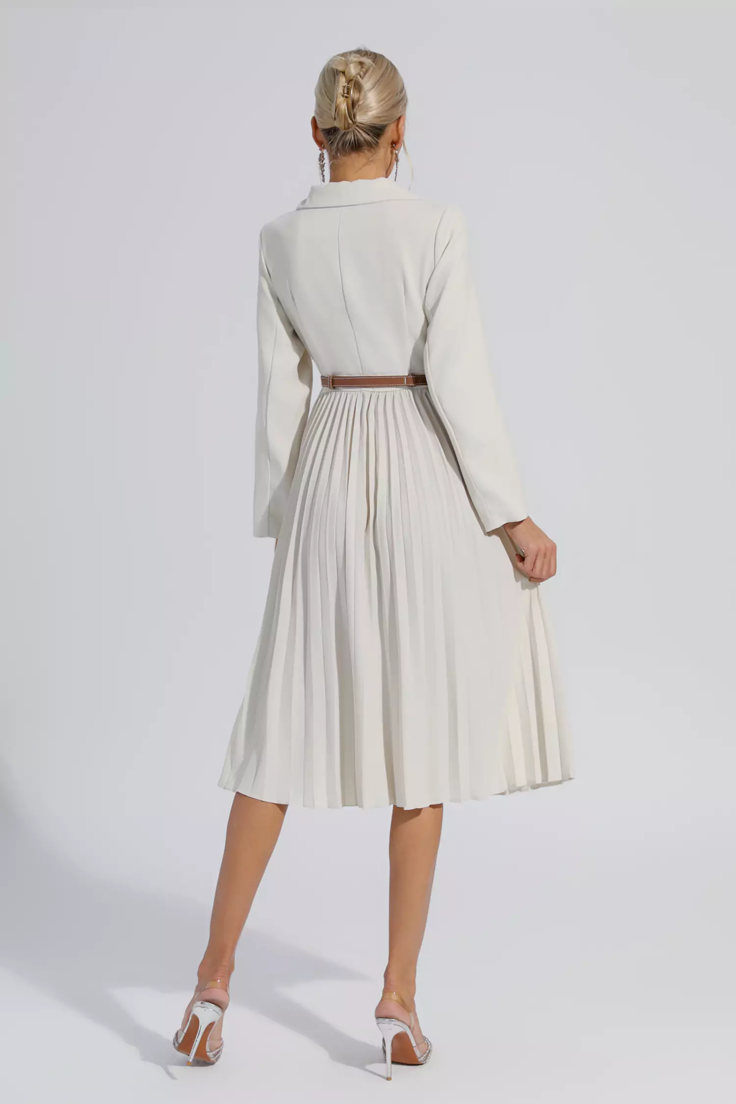Dylan Beige Ruched Blazer Midi Dress-CATCHALL