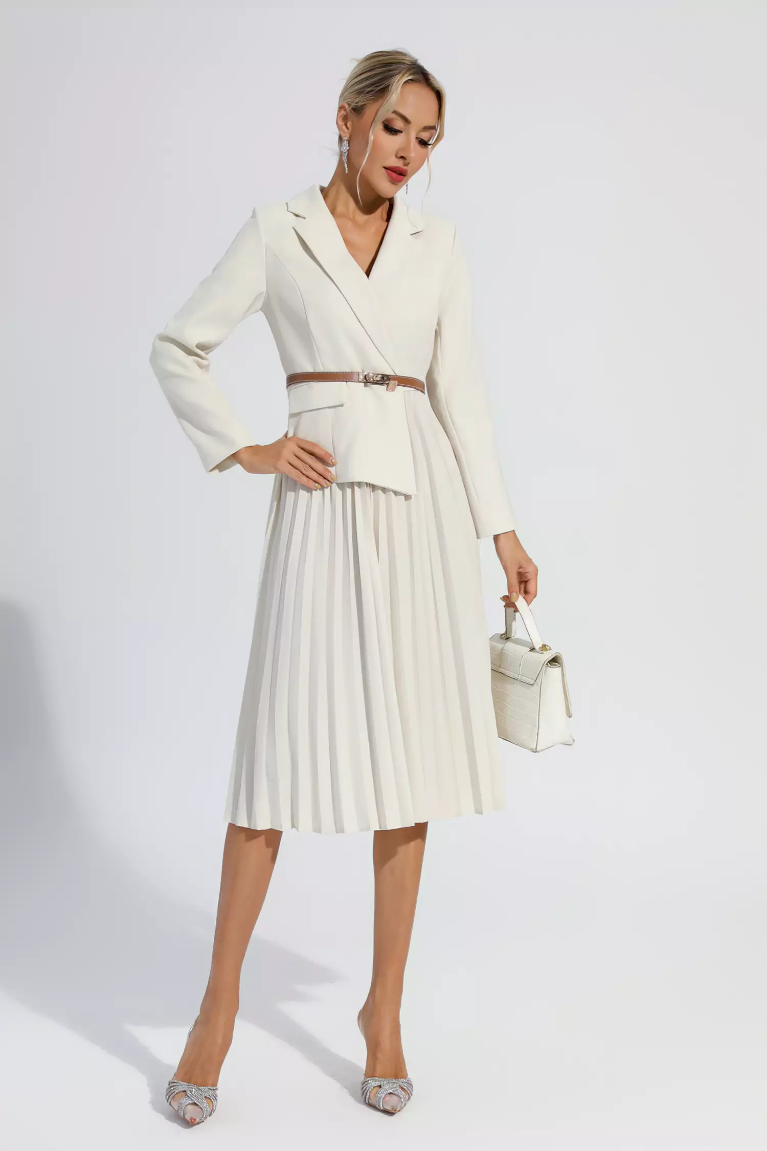 Dylan Beige Ruched Blazer Midi Dress-CATCHALL