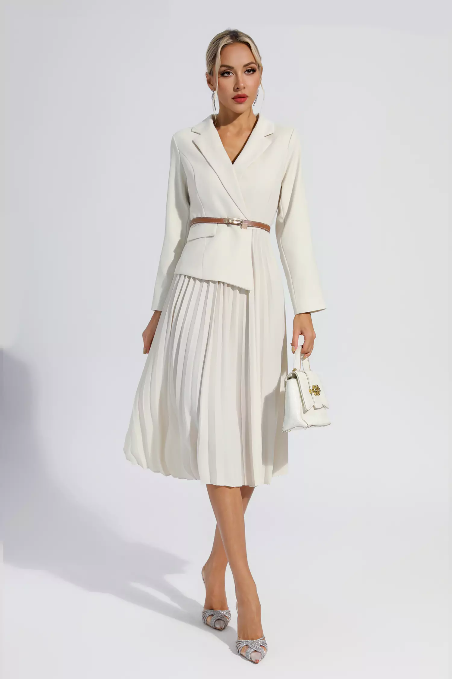 Dylan Beige Ruched Blazer Midi Dress-CATCHALL