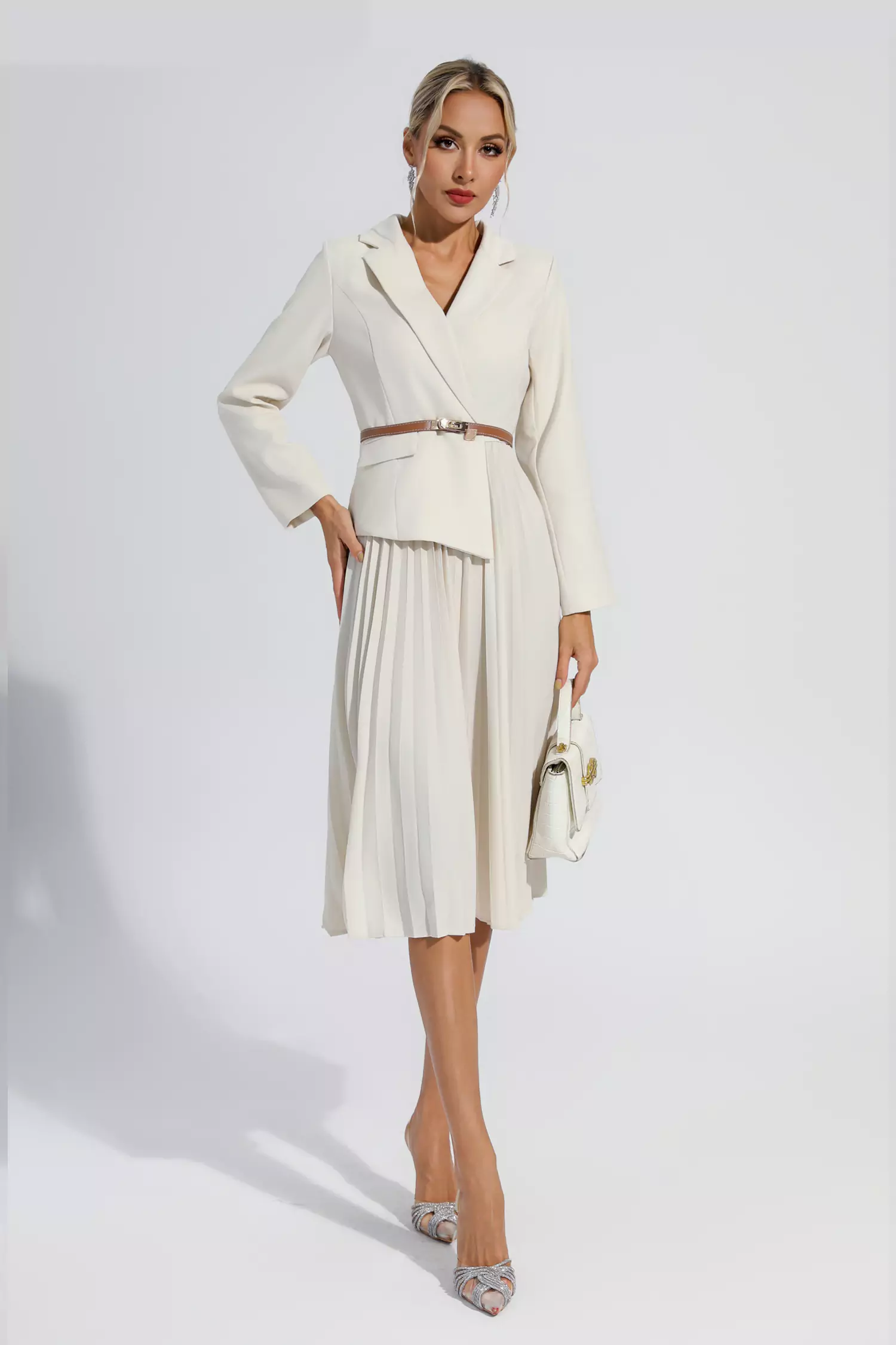 Dylan Beige Ruched Blazer Midi Dress-CATCHALL