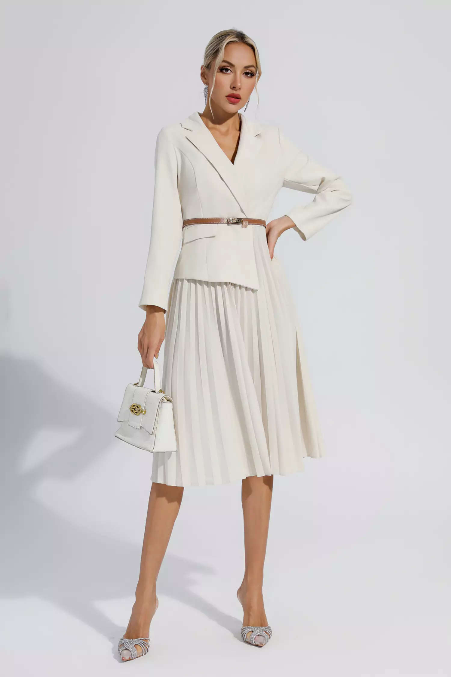 Dylan Beige Ruched Blazer Midi Dress-CATCHALL