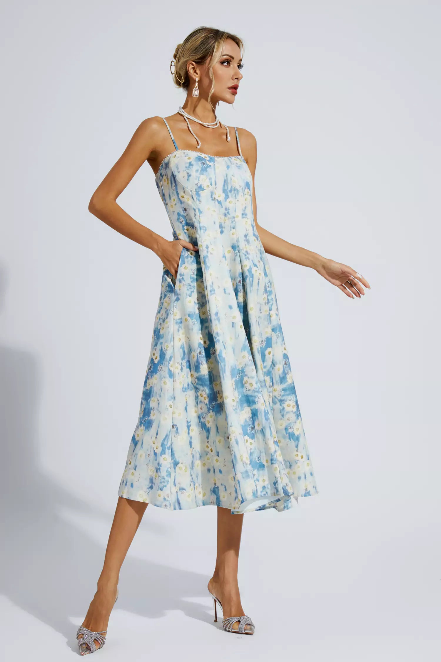 Edith Blue Floral Slip Maxi Dress-CATCHALL