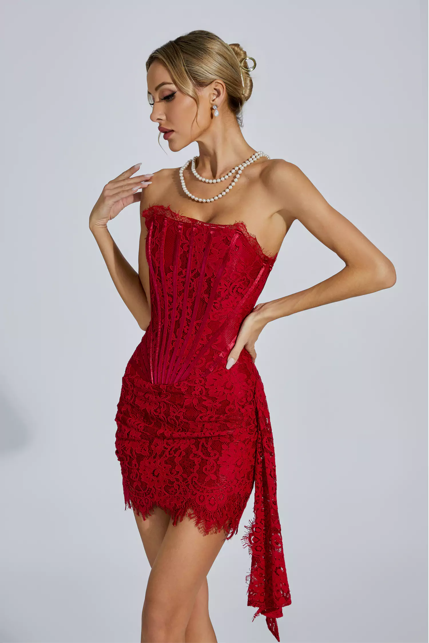 Eileen Red Lace Off Shoulder Mini Dress-CATCHALL