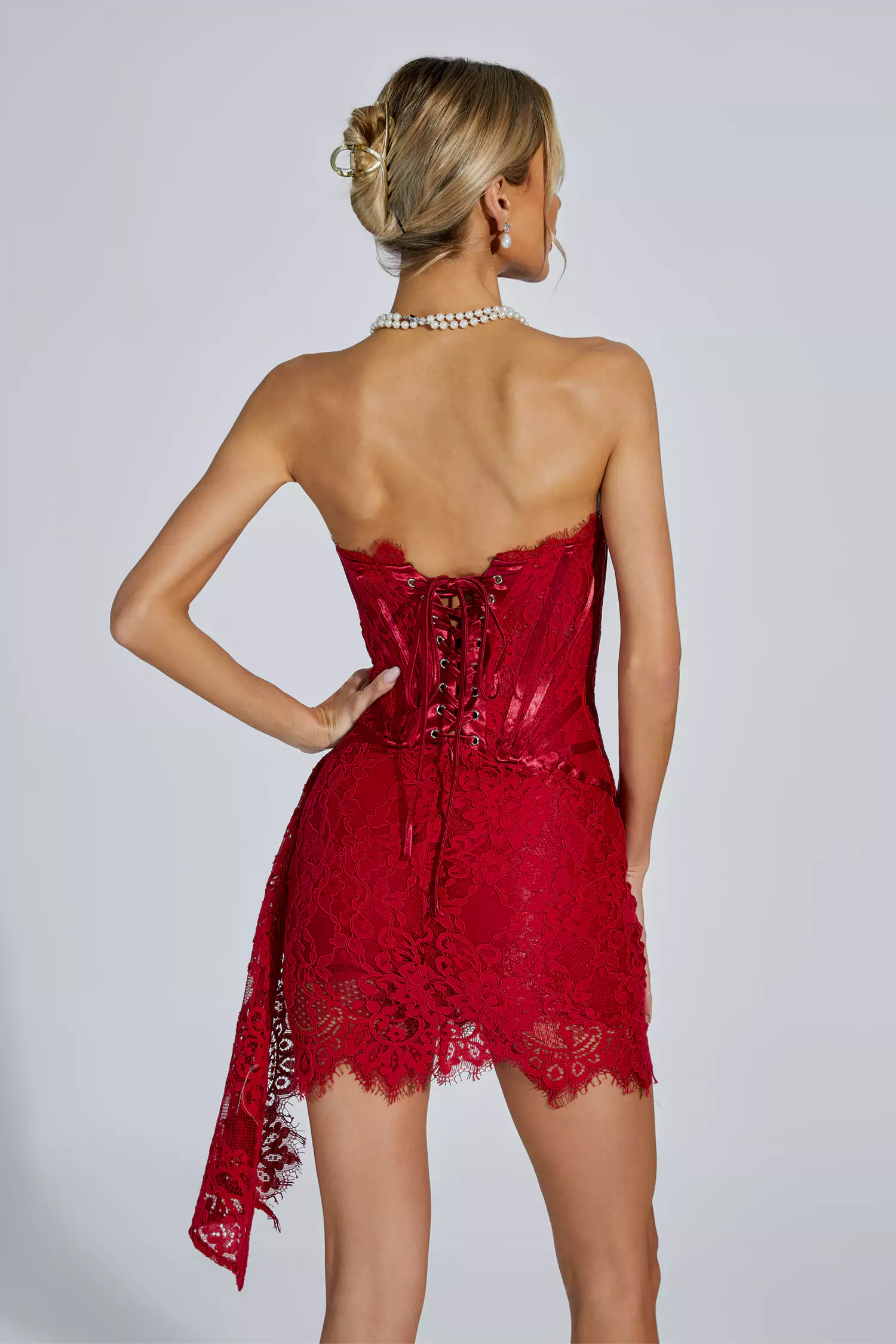 Eileen Red Lace Off Shoulder Mini Dress-CATCHALL