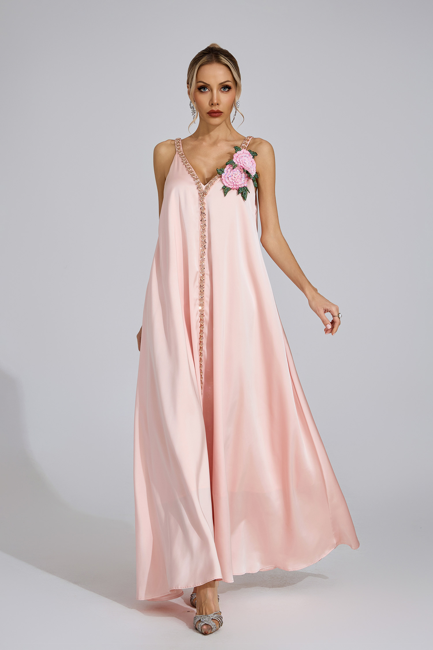 Eira Pink Satin Maxi Dress