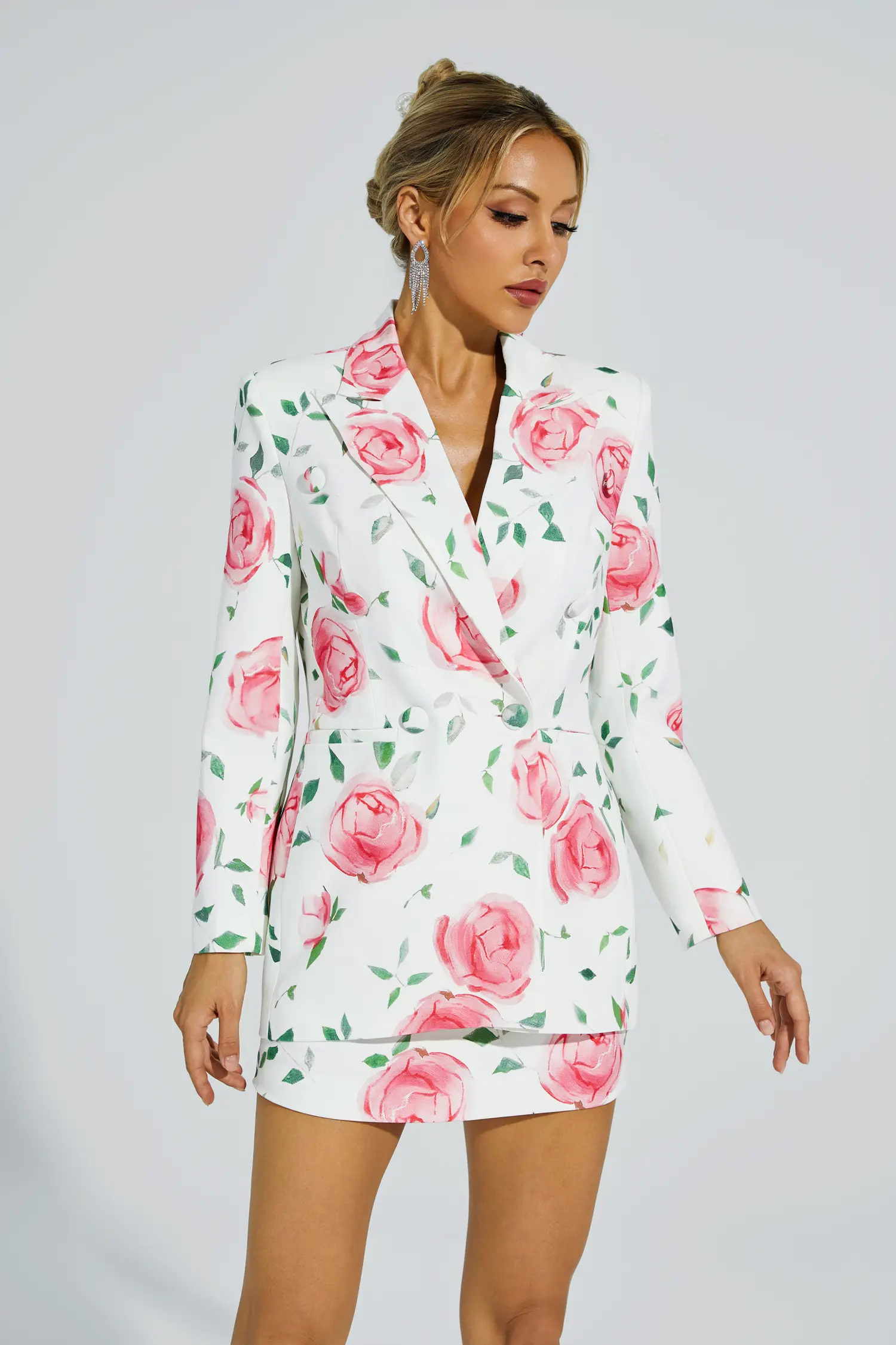 Electra White Rose Printed Blazer Set-CATCHALL