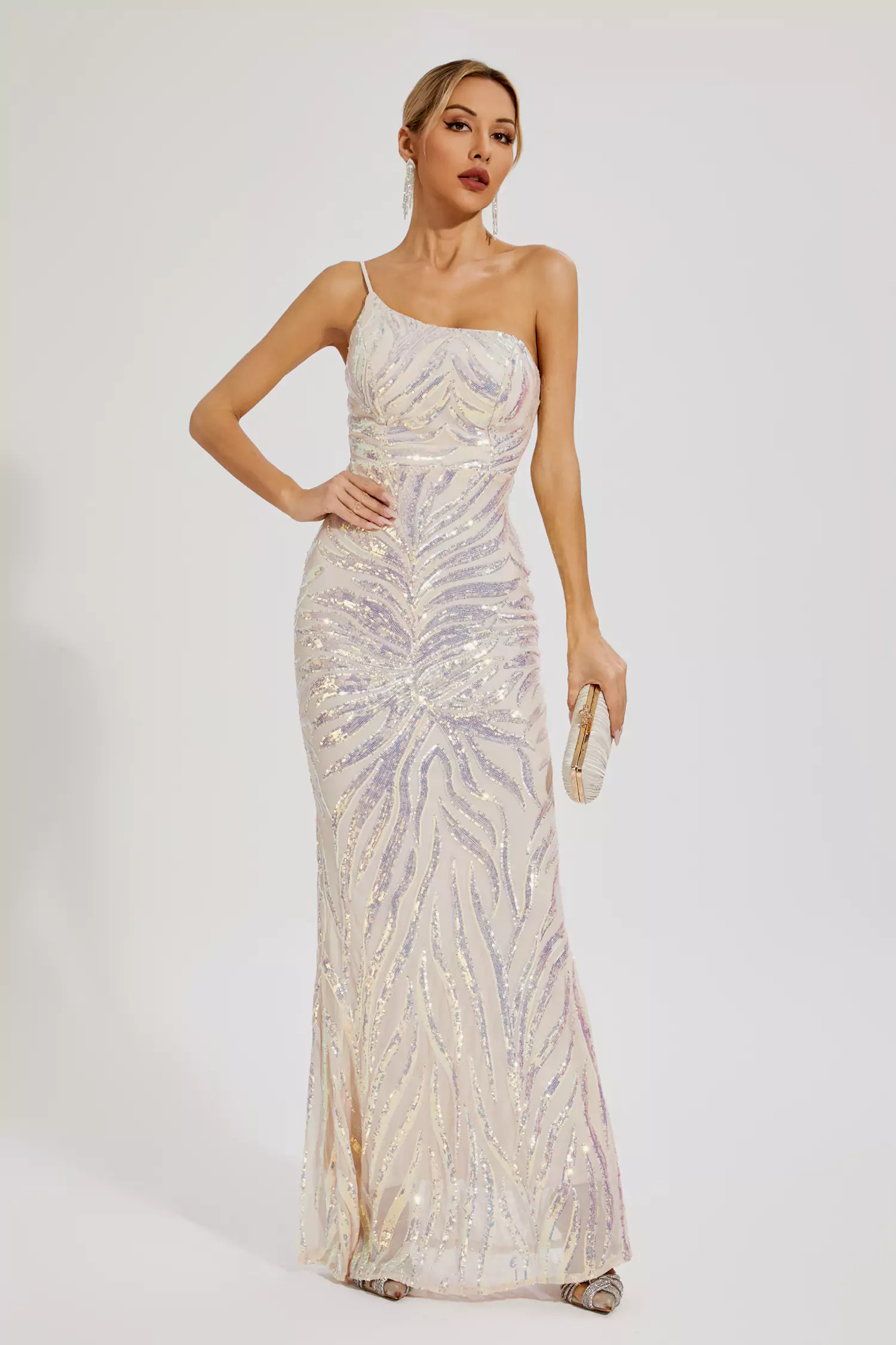 Elia Apricot Sequins One-shoulder Dress-CATCHALL