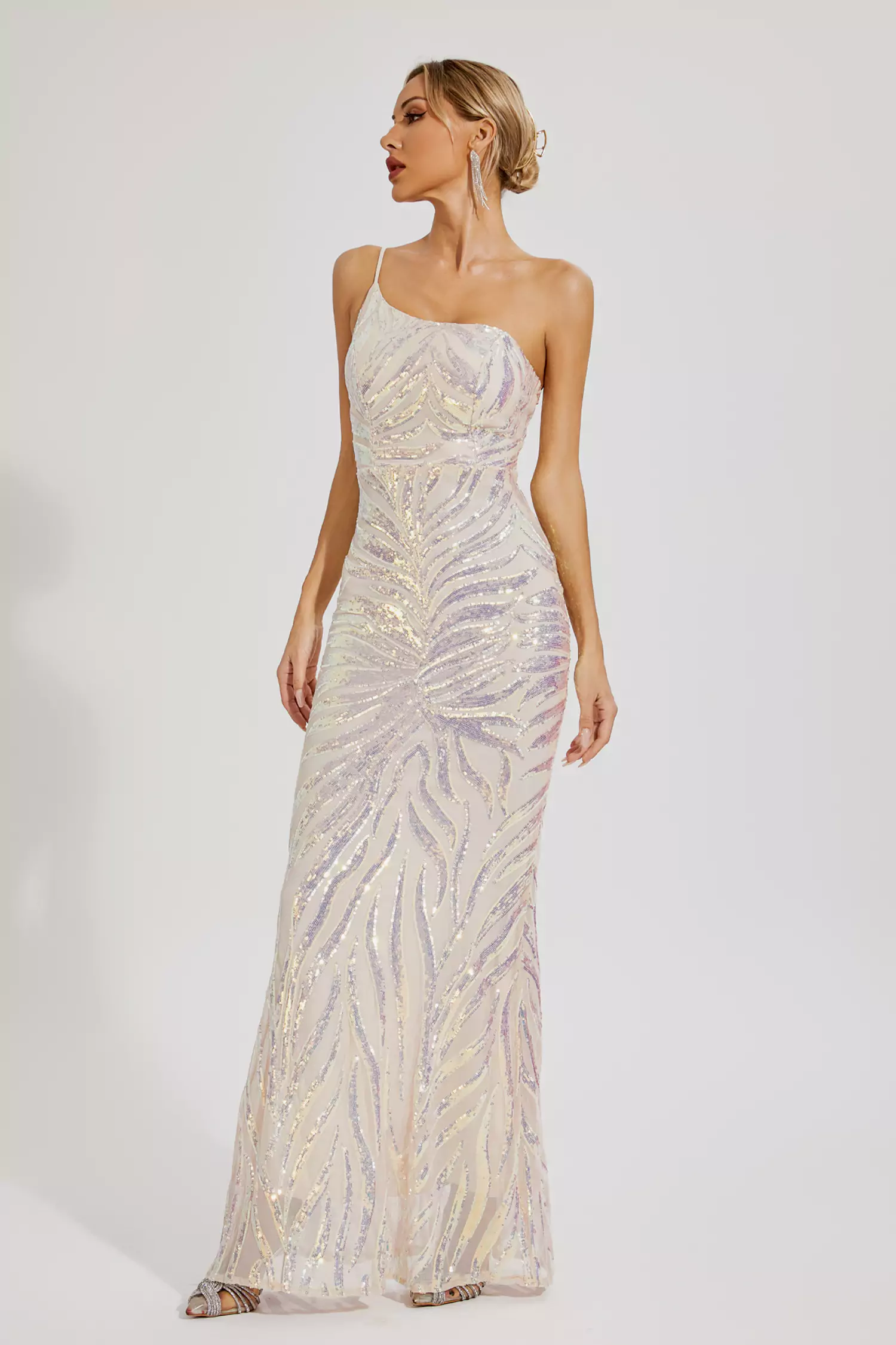 Elia Apricot Sequins One-shoulder Dress-CATCHALL