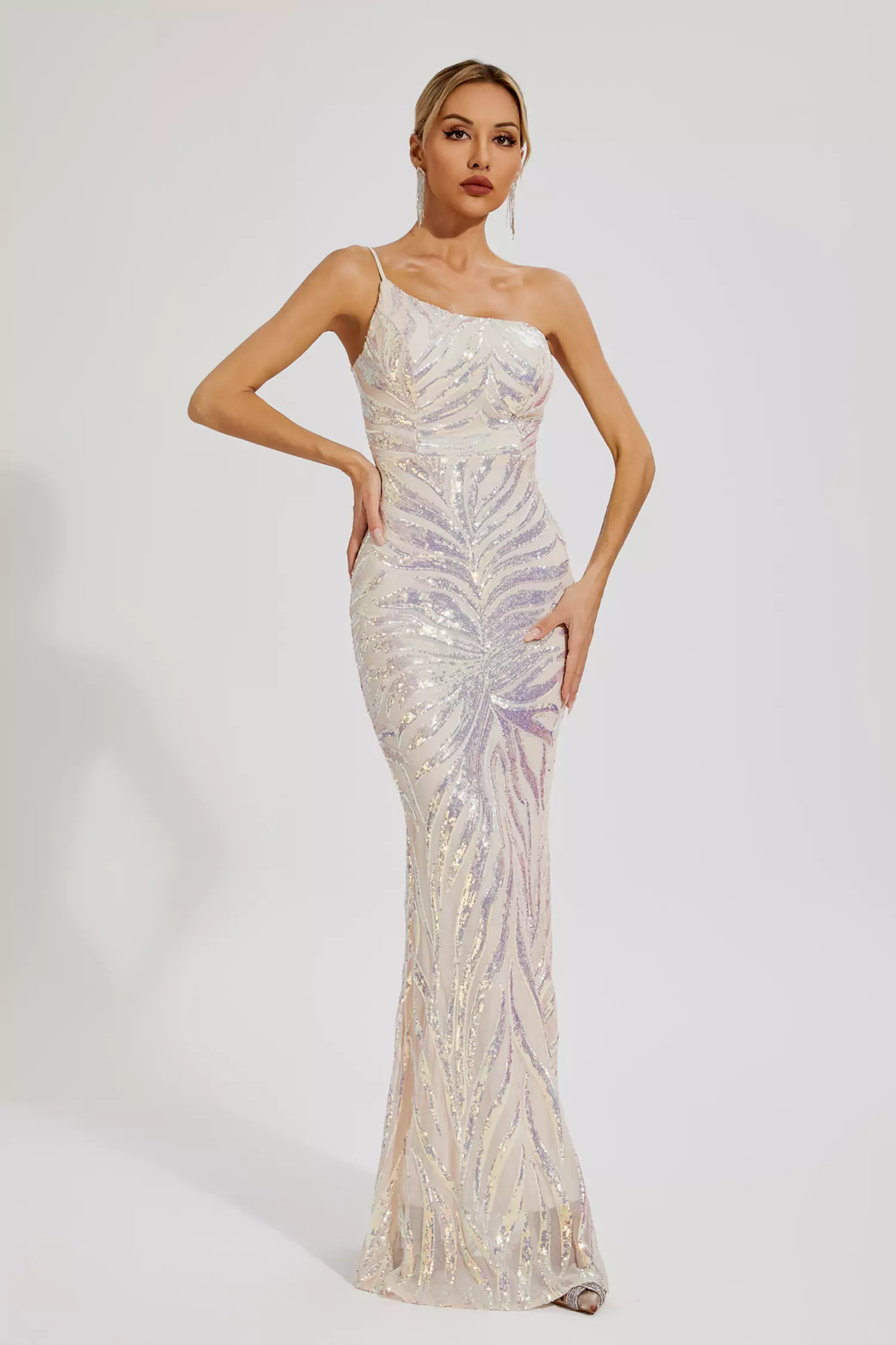Elia Apricot Sequins One-shoulder Dress-CATCHALL