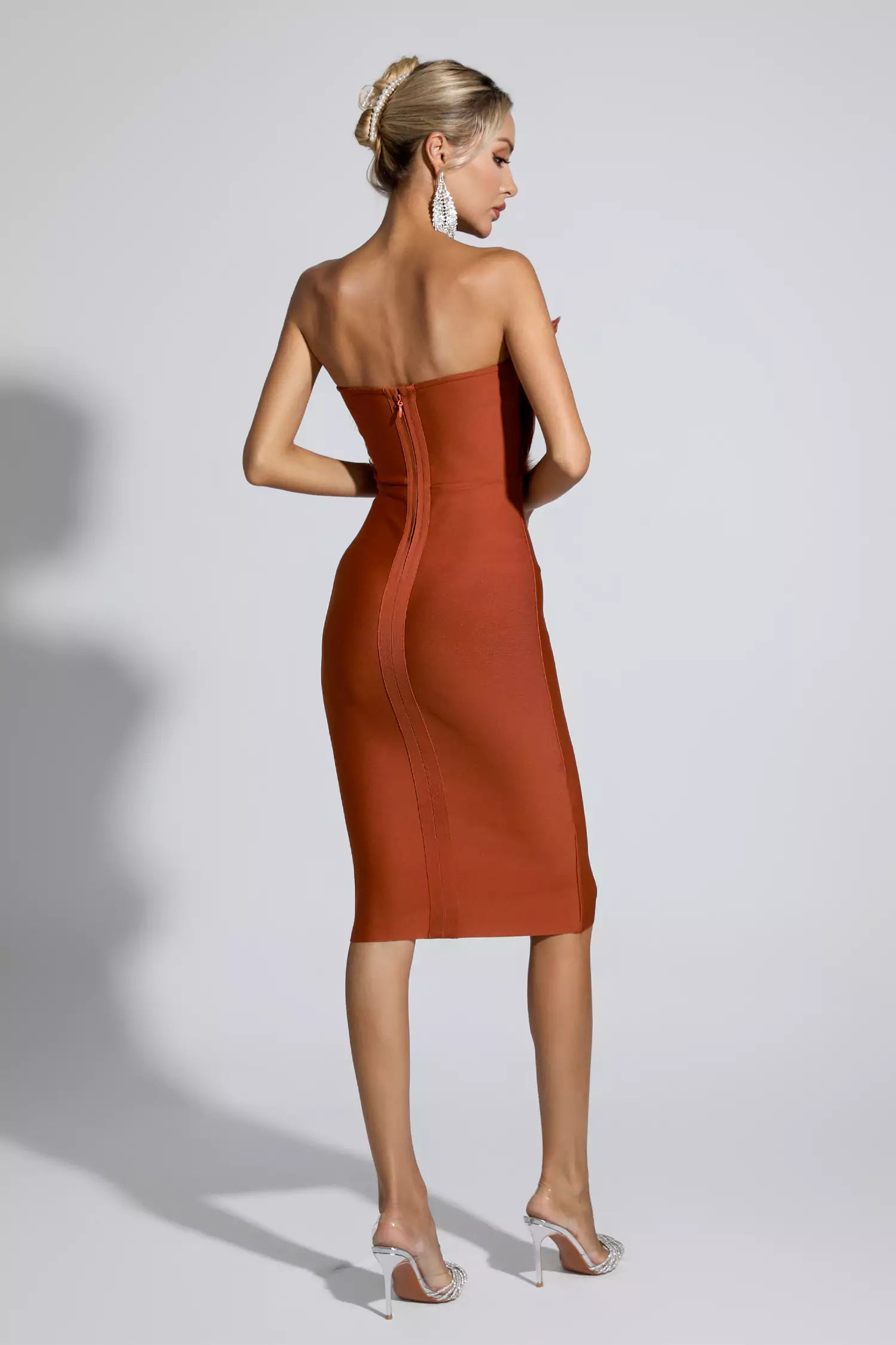 Elianna Dark Brown Feather Midi Dress-CATCHALL