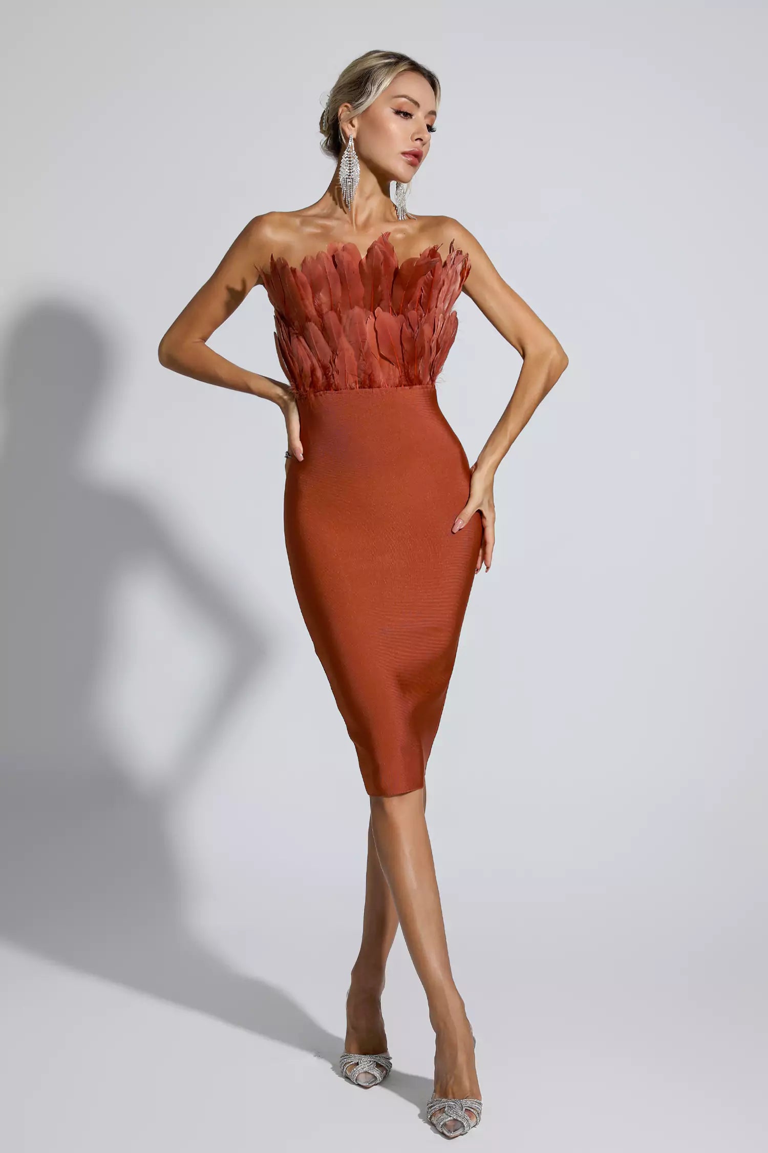 Elianna Dark Brown Feather Midi Dress-CATCHALL