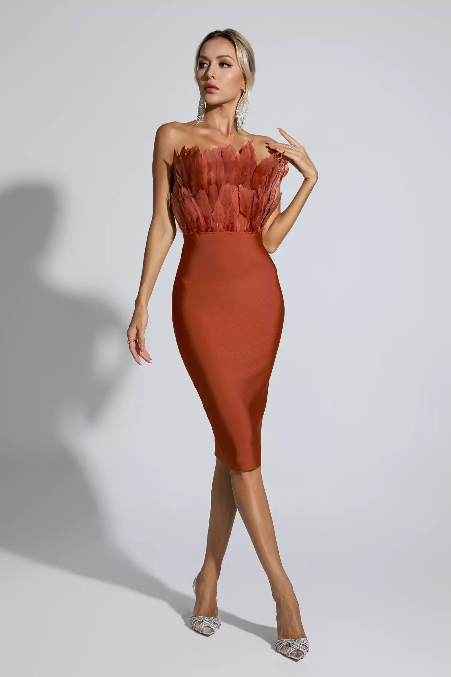 Elianna Dark Brown Feather Midi Dress-CATCHALL