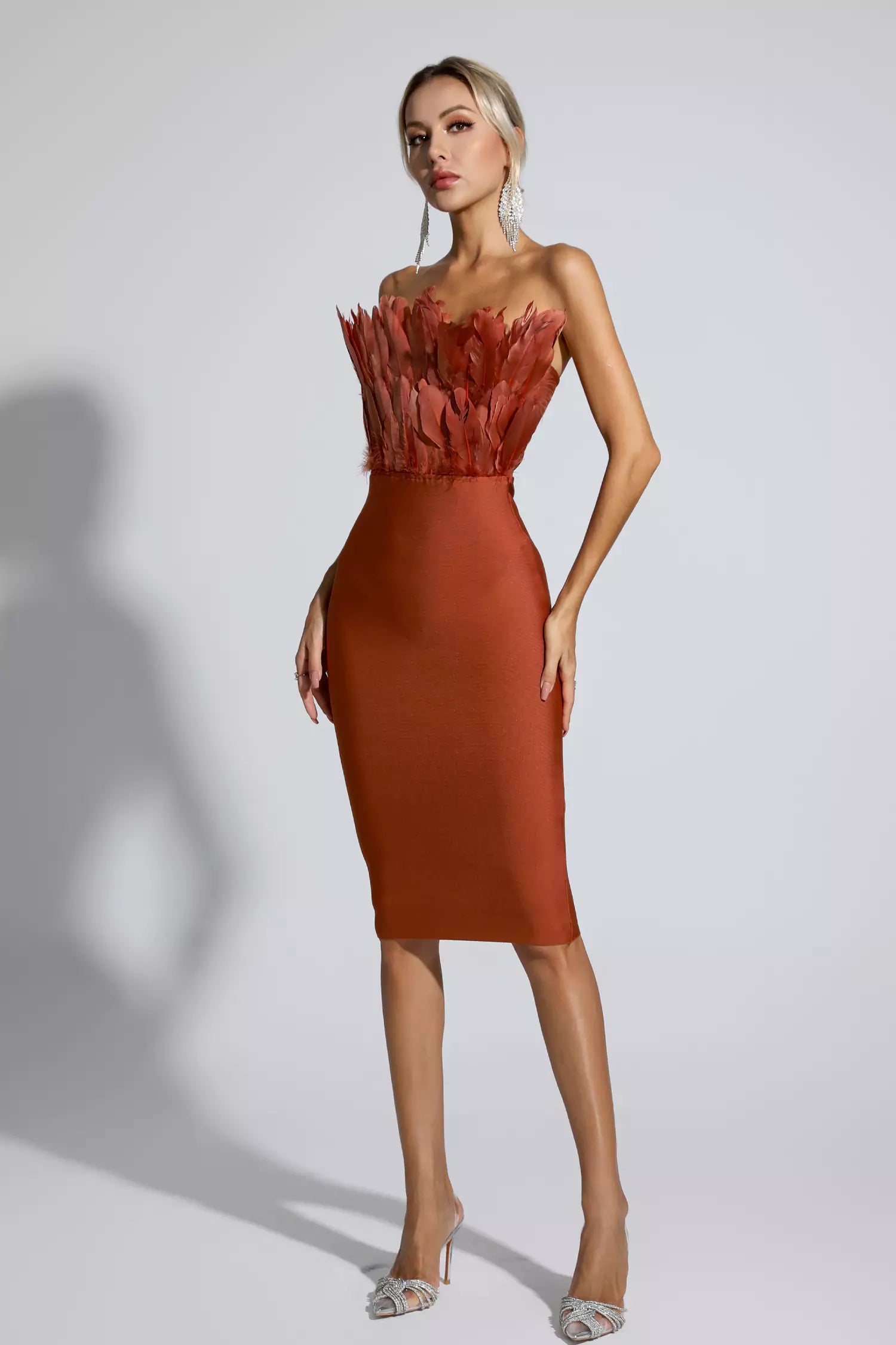 Elianna Dark Brown Feather Midi Dress-CATCHALL