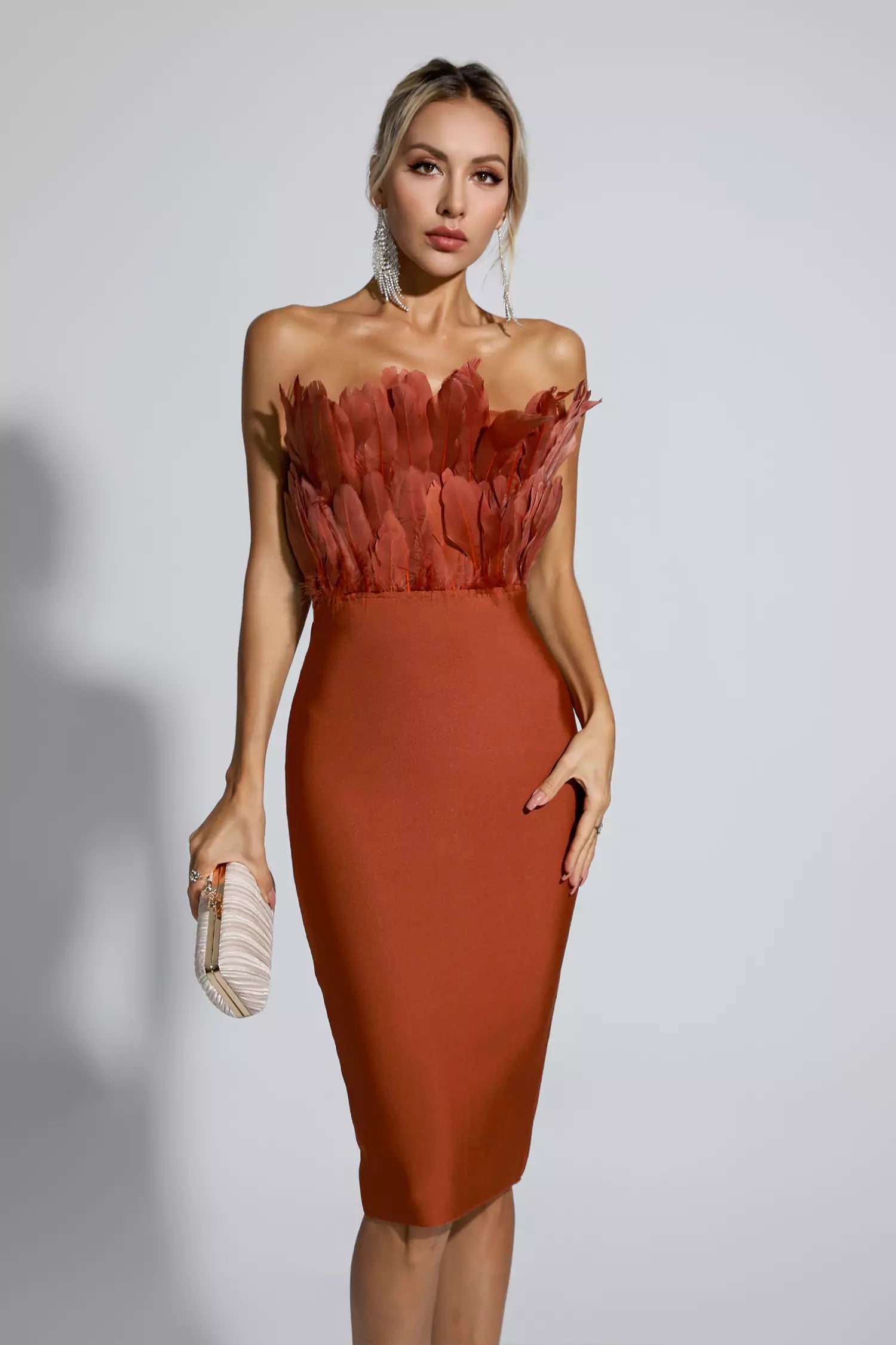 Elianna Dark Brown Feather Midi Dress-CATCHALL