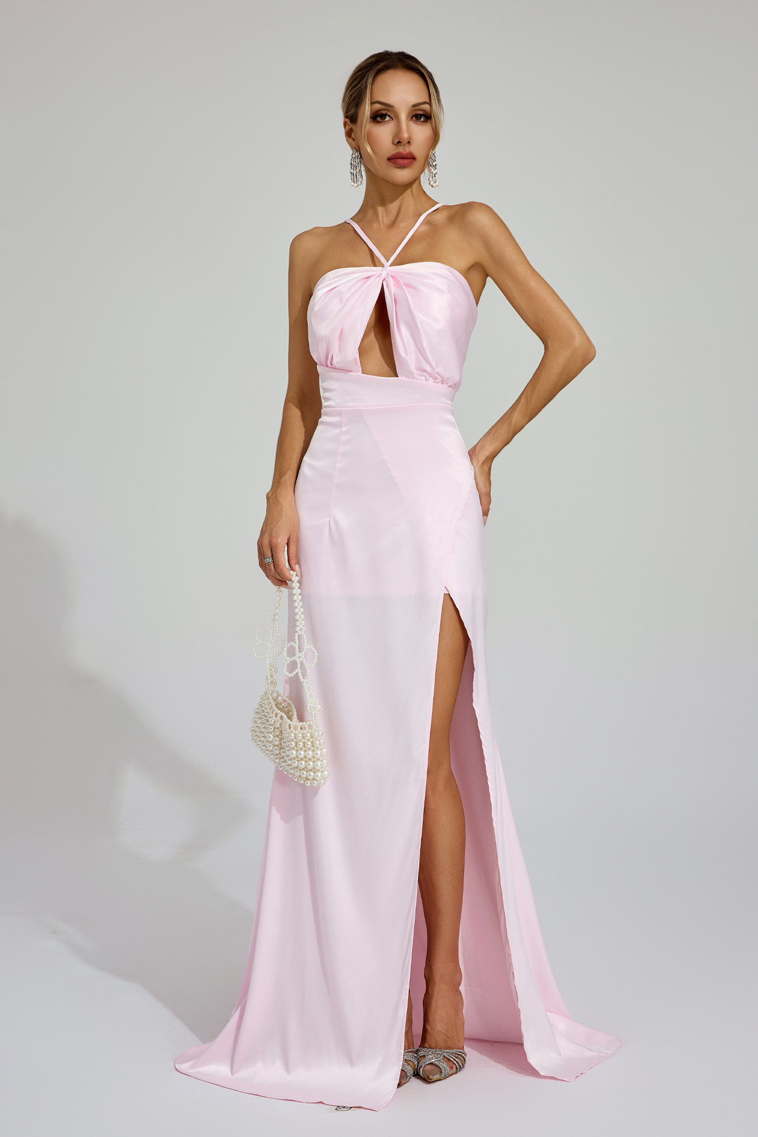 Elinor Pink Slit Halter Dress