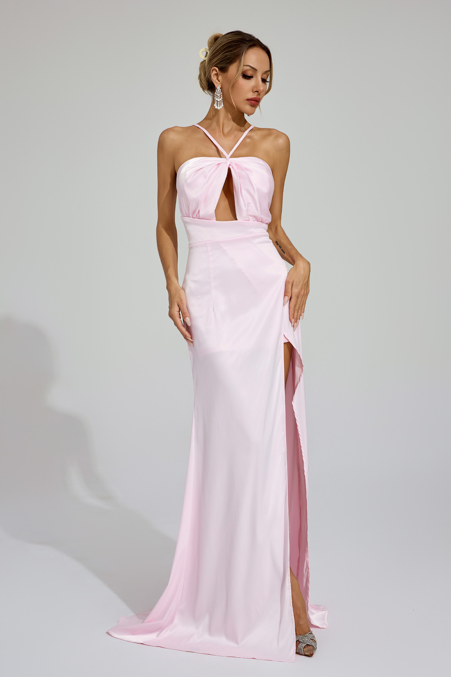 Elinor Pink Slit Halter Dress